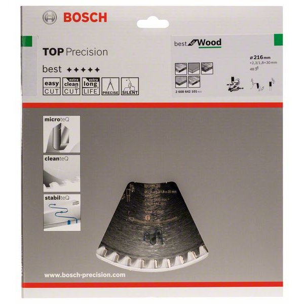 BOSCH Kreissägeblatt Top Precision Best für Holz, Ø 216mm, 48 Zähne 