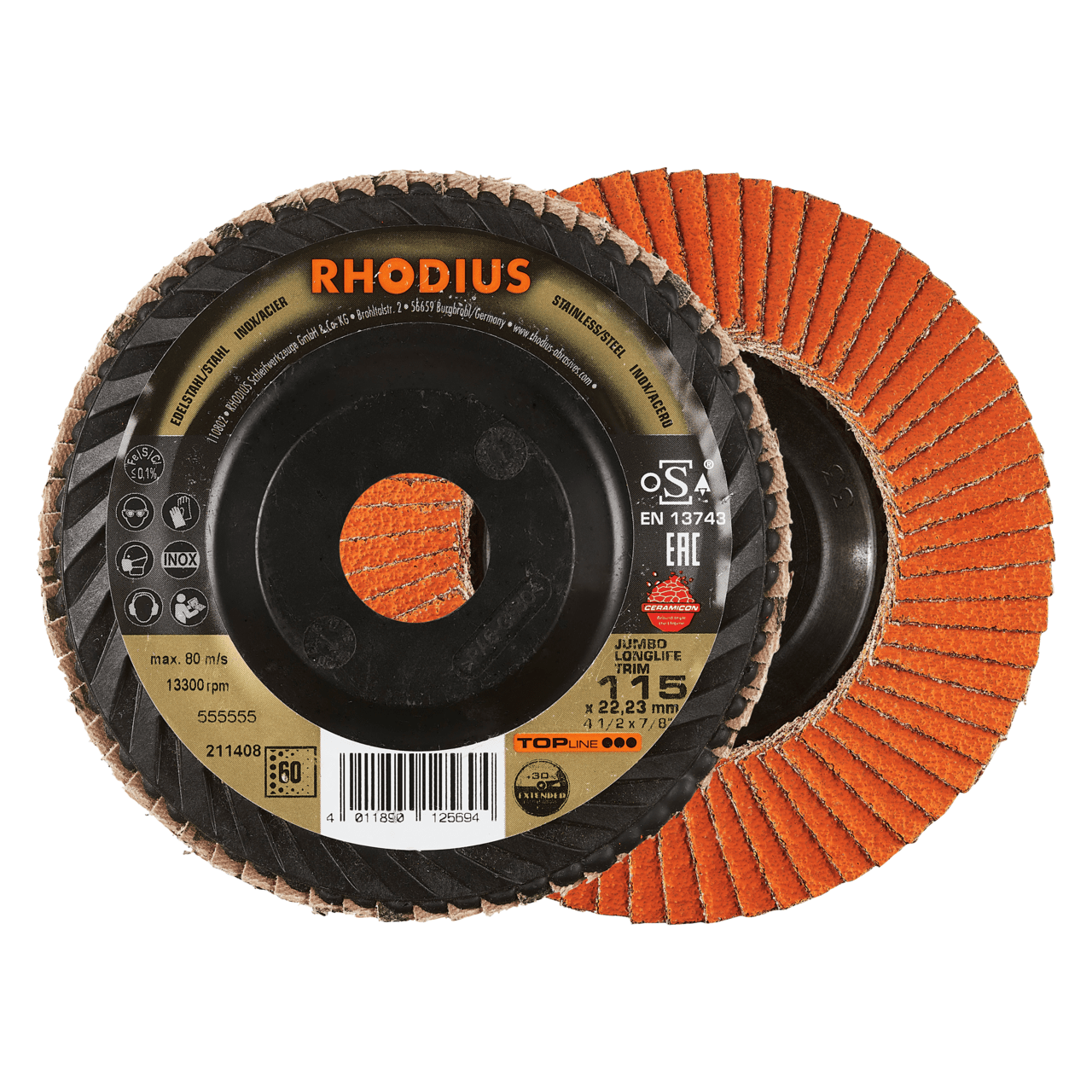 10 x RHODIUS Fächerscheibe Fächerschleifscheibe JUMBO LONGLIFE TRIM Ø 115 mm Körnung 60 | 211408