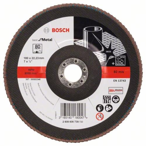 10x BOSCH Fächerscheibe Fächerschleifscheibe X571 Best für Metall, gewinkelt, Ø 180mm, 80, Glasgewebe | 2608606739