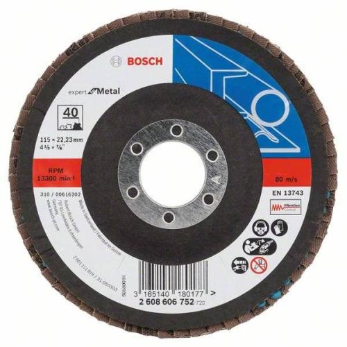 10x BOSCH Fächerscheibe Fächerschleifscheibe X551 Expert für Metall, gewinkelt, Ø 115mm, 40, Glasgewebe | 2608606752