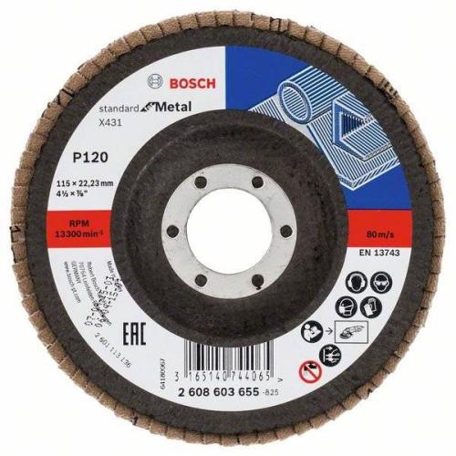 10x BOSCH Fächerscheibe Fächerschleifscheibe X431 Standard für Metall, gewinkelt, Ø 115mm, 22,23mm, 120 | 2608603655