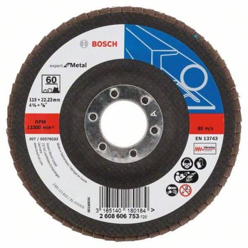 10x BOSCH Fächerscheibe Fächerschleifscheibe X551 Expert für Metall, gewinkelt, Ø 115mm, 60, Glasgewebe | 2608606753