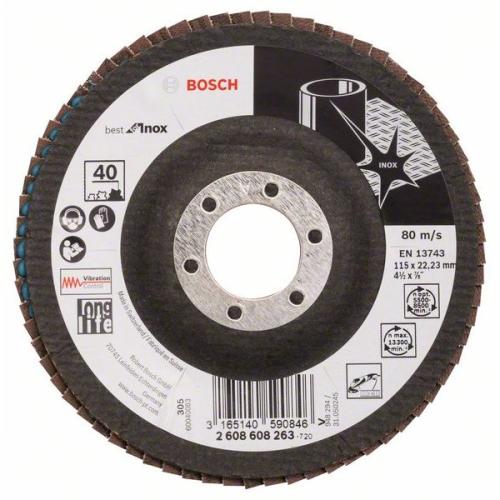 10x BOSCH Fächerscheibe Fächerschleifscheibe X581 Best für Edelstahl, gewinkelt, Ø 115mm, 40, Glasgewebe | 2608608263