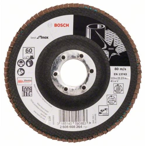 10x BOSCH Fächerscheibe Fächerschleifscheibe X581 Best für Edelstahl, gewinkelt, Ø 115mm, 60, Glasgewebe | 2608608264