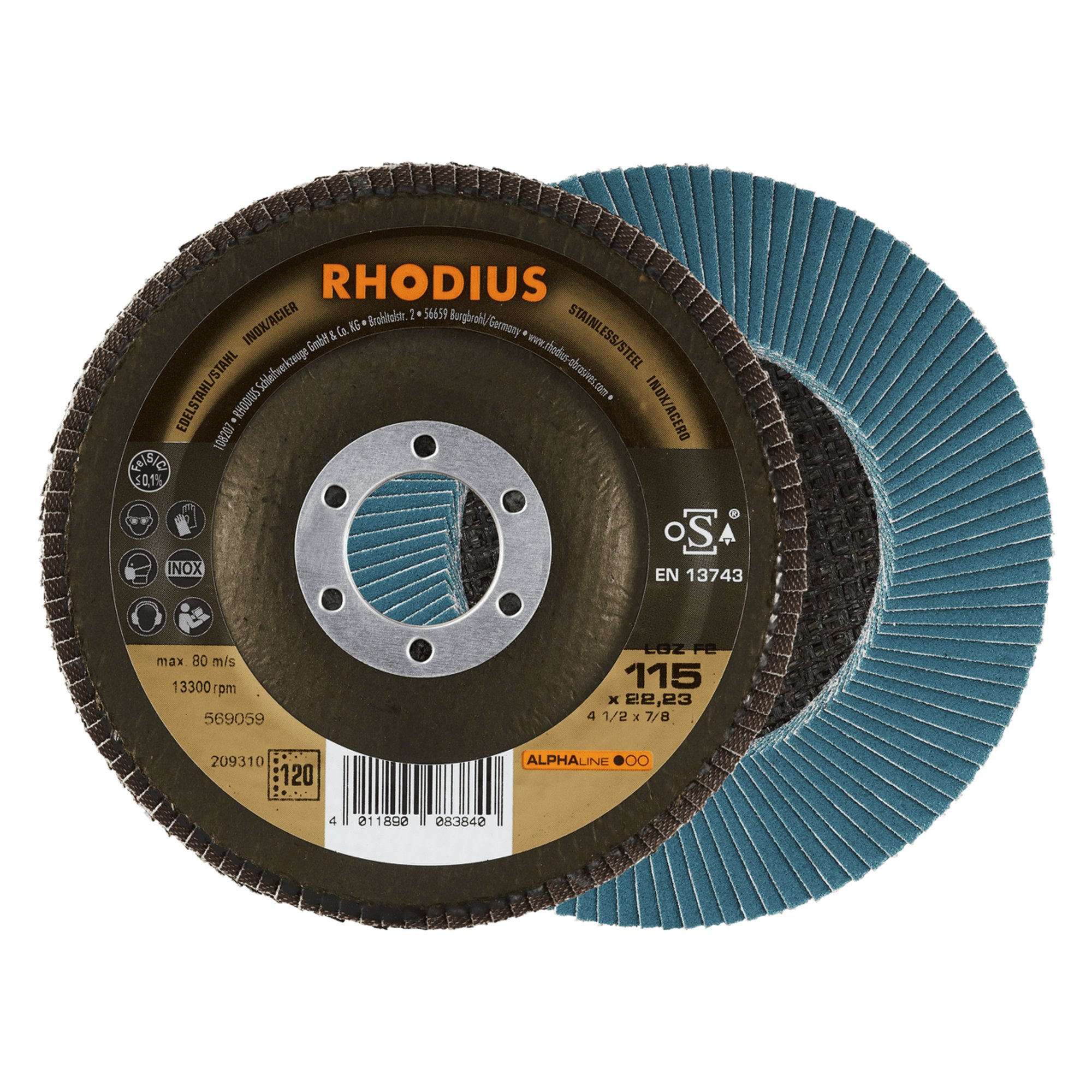 10 x RHODIUS Fächerschleifscheibe Fächerscheibe LGZ F2 Ø 115 mm Korn 120