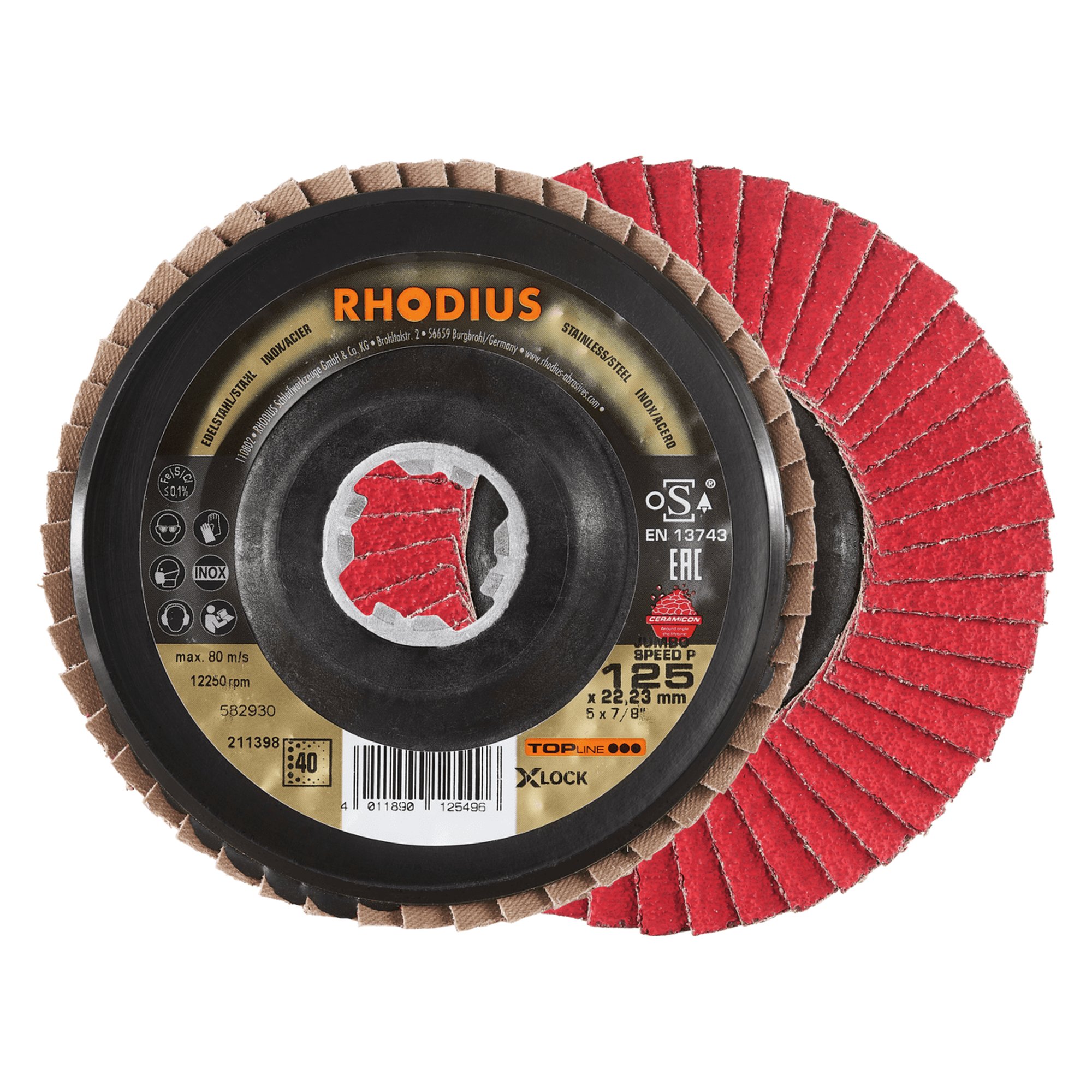 10 x RHODIUS Fächerschleifscheibe Fächerscheibe  SPEED P X-LOCK Ø 125 mm Korn 40