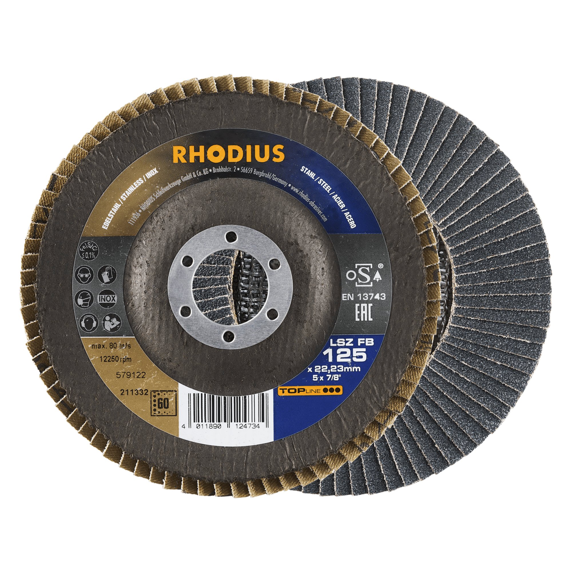 10 x RHODIUS Fächerschleifscheibe Fächerscheibe LSZ FB Ø 125 mm Korn 60