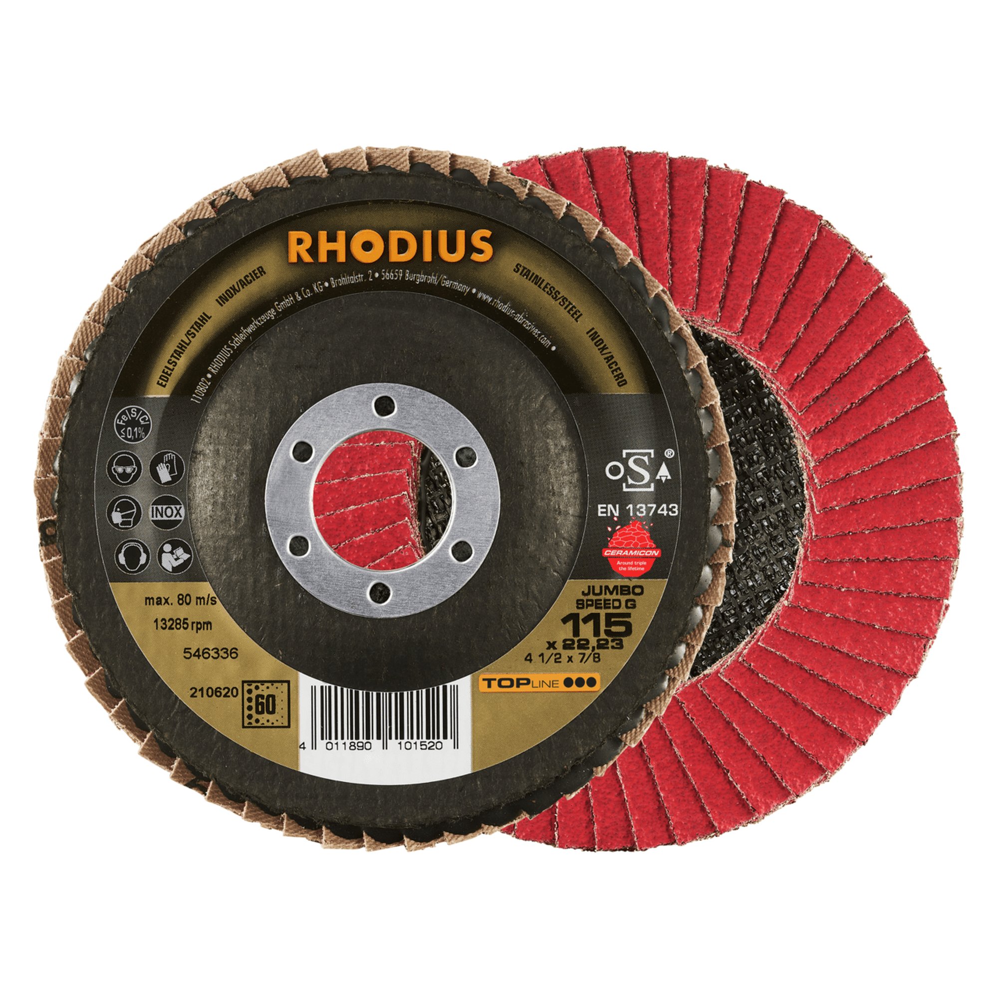 10 x RHODIUS Fächerschleifscheibe Fächerscheibe JUMBO SPEED G Ø 115 mm Korn 60