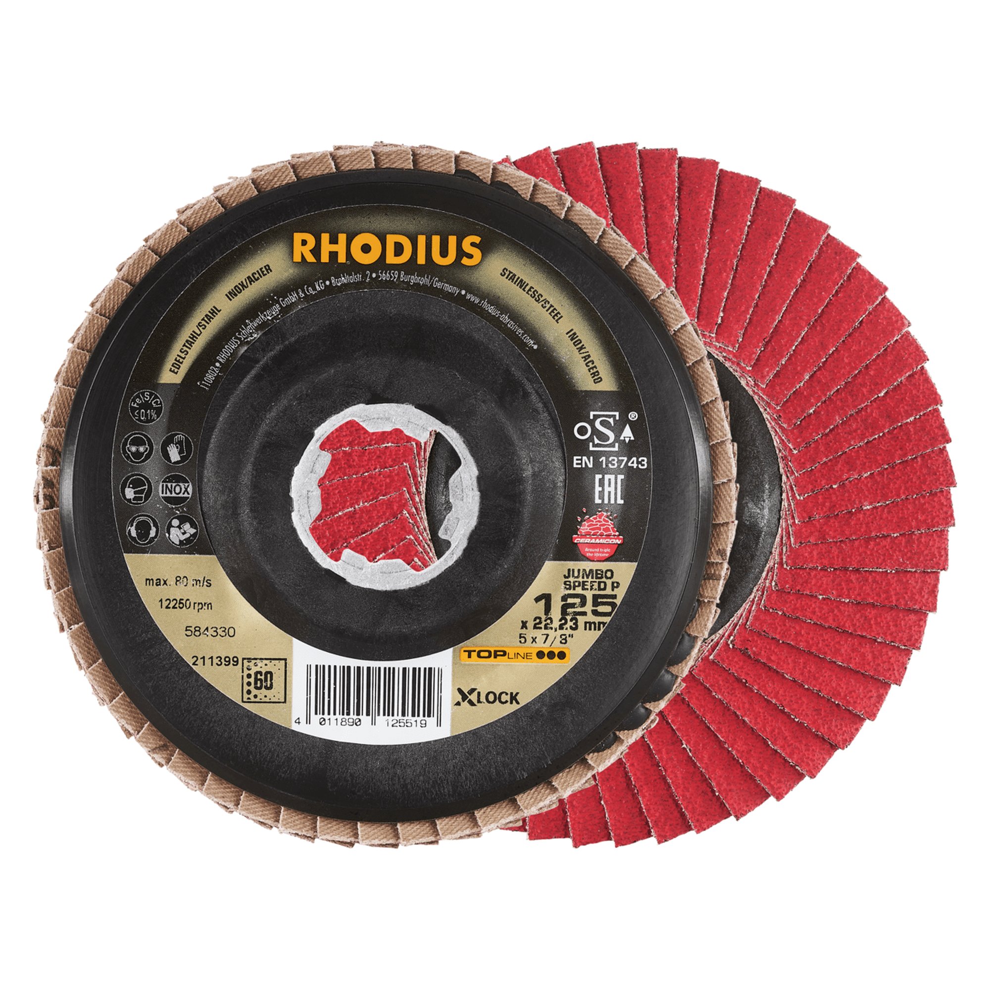 10 x RHODIUS Fächerschleifscheibe Fächerscheibe  SPEED P X-LOCK Ø 125 mm Korn 60