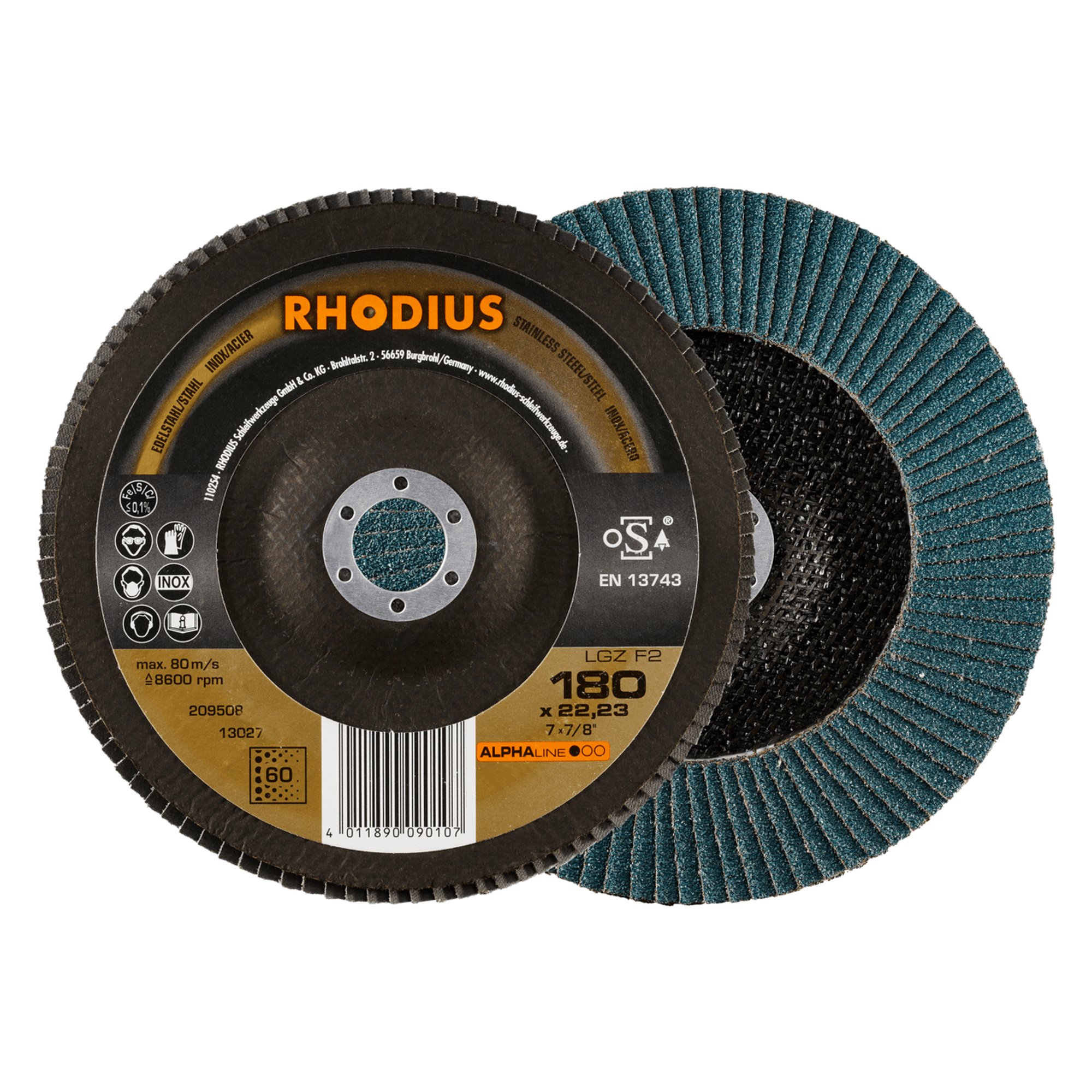 10 x RHODIUS Fächerschleifscheibe Fächerscheibe LGZ F2 Ø 180 mm Korn 60