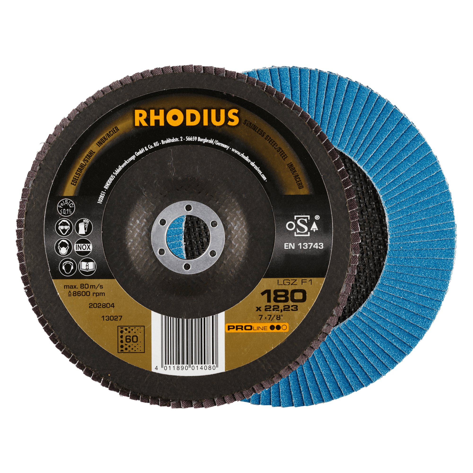 10 x RHODIUS Fächerschleifscheibe Fächerscheibe LGZ F1 Ø 180 mm Korn 60