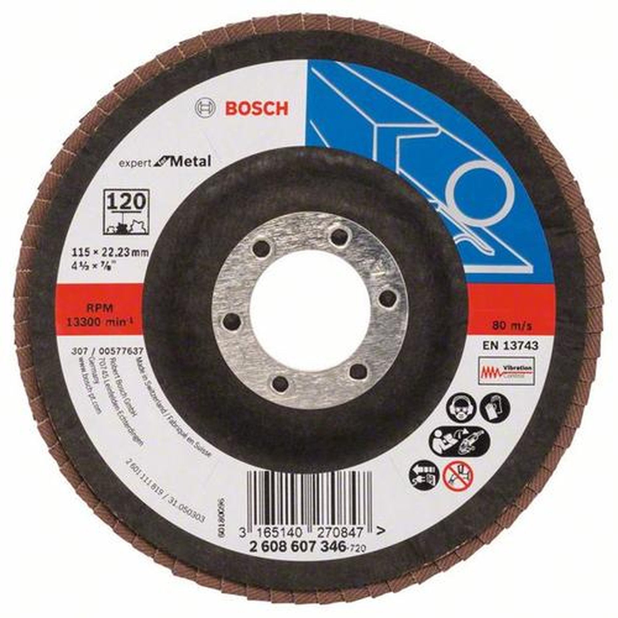 10x BOSCH Fächerschleifscheibe X551 Expert für Metall, gewinkelt, Ø 115 mm, 120, Glasgewebe