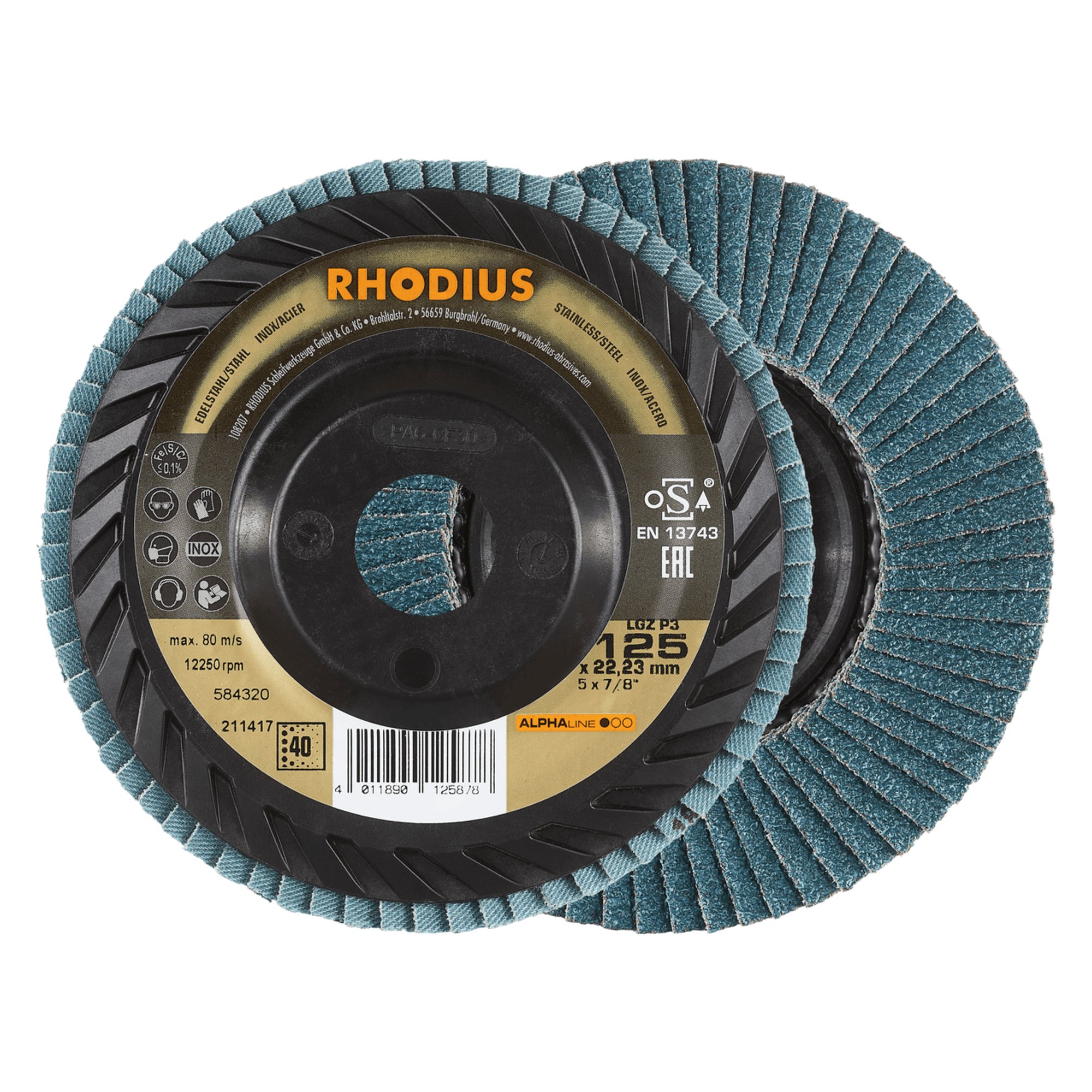 10 x RHODIUS Fächerschleifscheibe Fächerscheibe LGZ P3 Ø 125 mm Korn 40