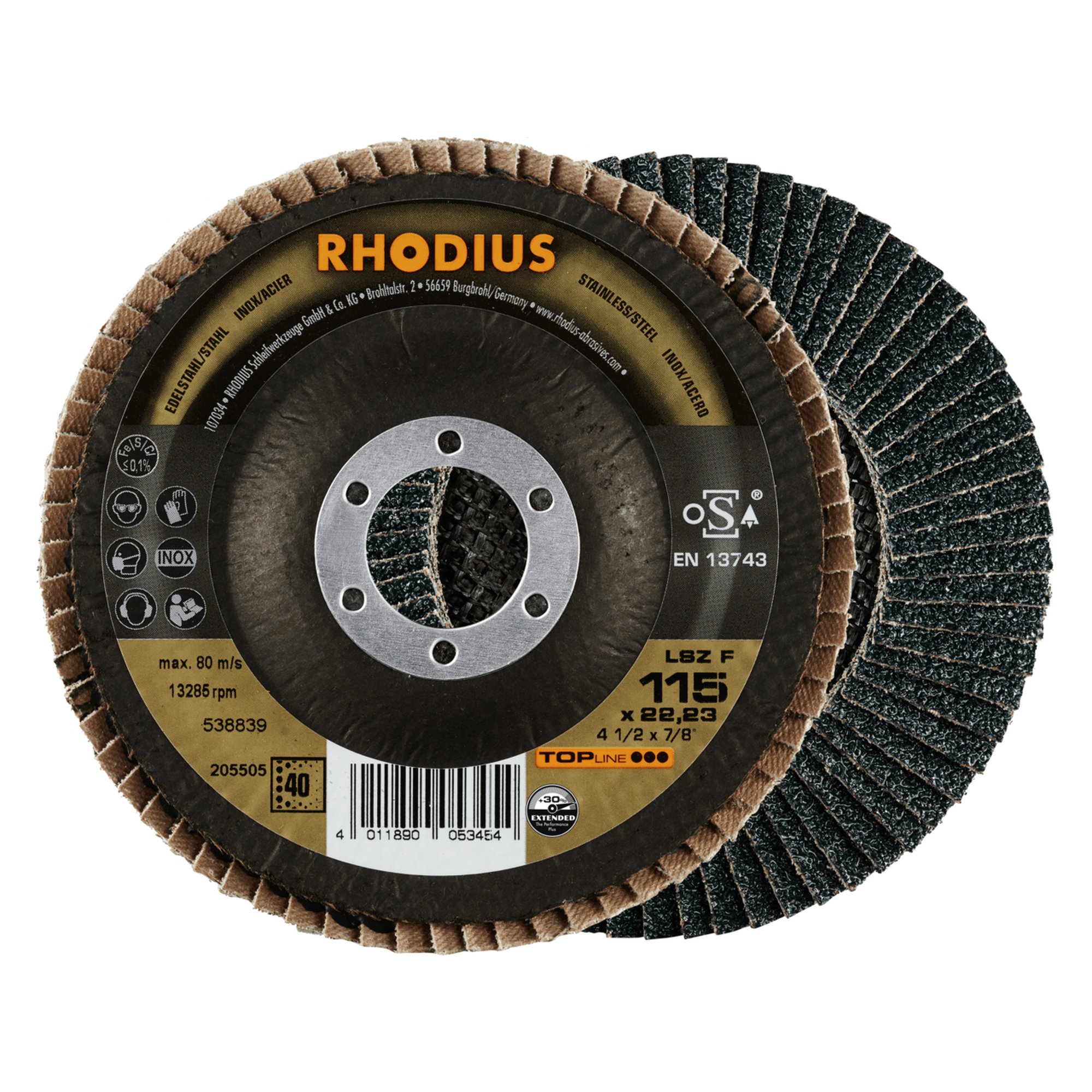 10 x RHODIUS Fächerschleifscheibe Fächerscheibe LSZ F Ø 115 mm Korn 40