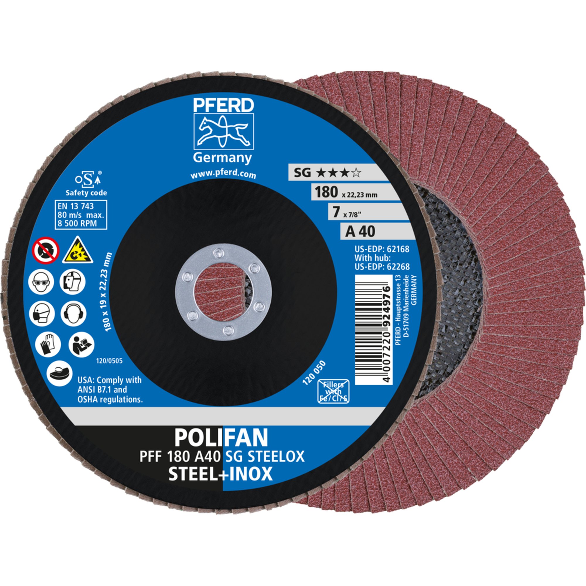10 x PFERD POLIFAN-Fächerscheibe PFF 180 A 40 SG STEELOX