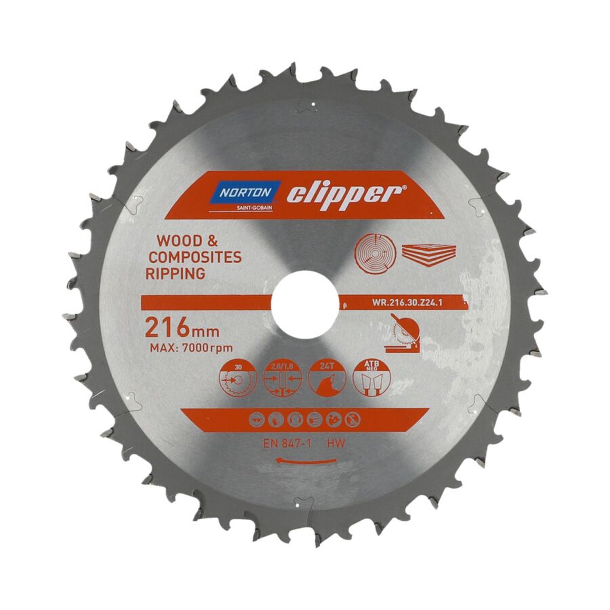 Norton Clipper TCT-Sägeblatt 216x2.8mm für Holz, 30mm Bohrung, WOOD RIPPING