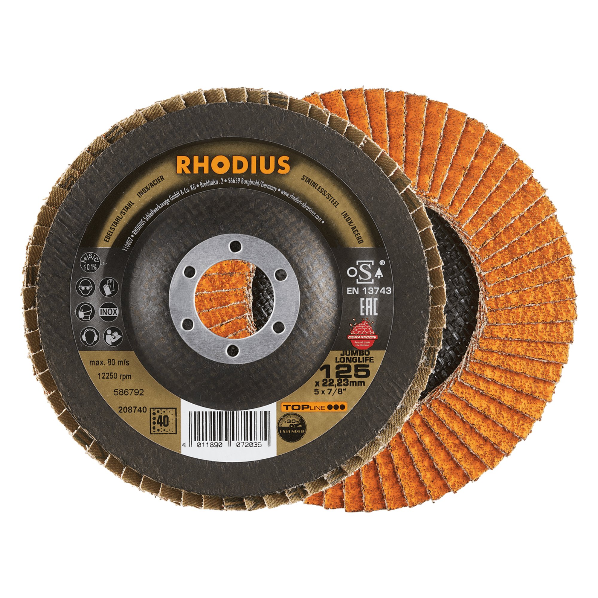 10 x RHODIUS Fächerschleifscheibe Fächerscheibe JUMBO LONGLIFE Ø 125 mm Korn 40