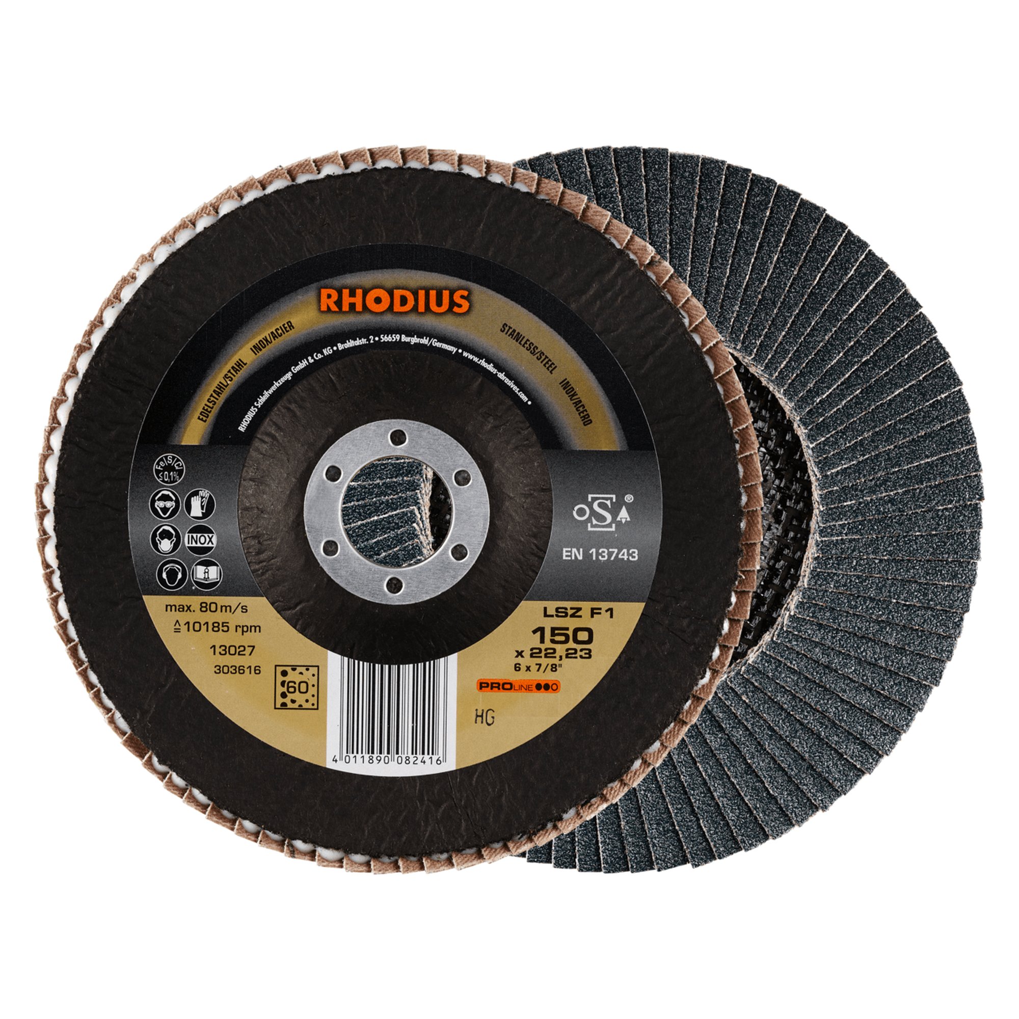 10 x RHODIUS Fächerschleifscheibe Fächerscheibe LSZ F1 Ø 150 mm Korn 60