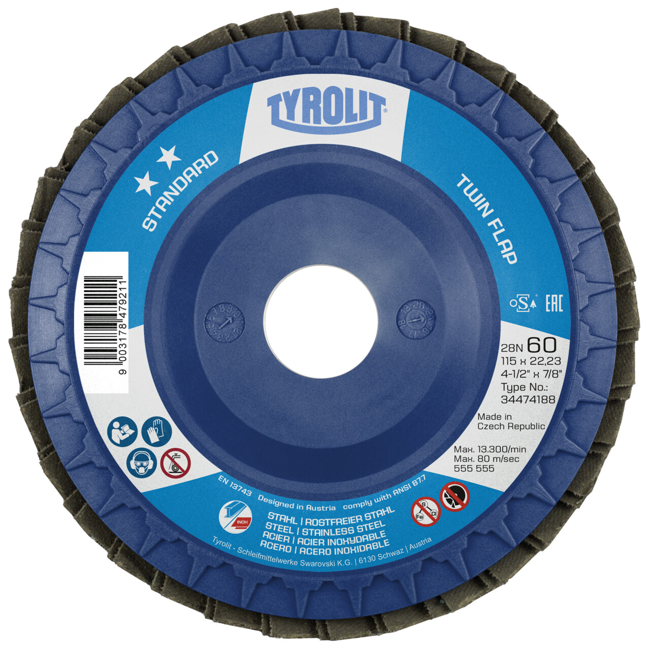 10x Tyrolit Fächerscheibe TWIN FLAP gerade 115x22,23 mm ZA40 STANDARD Stahl/Inox