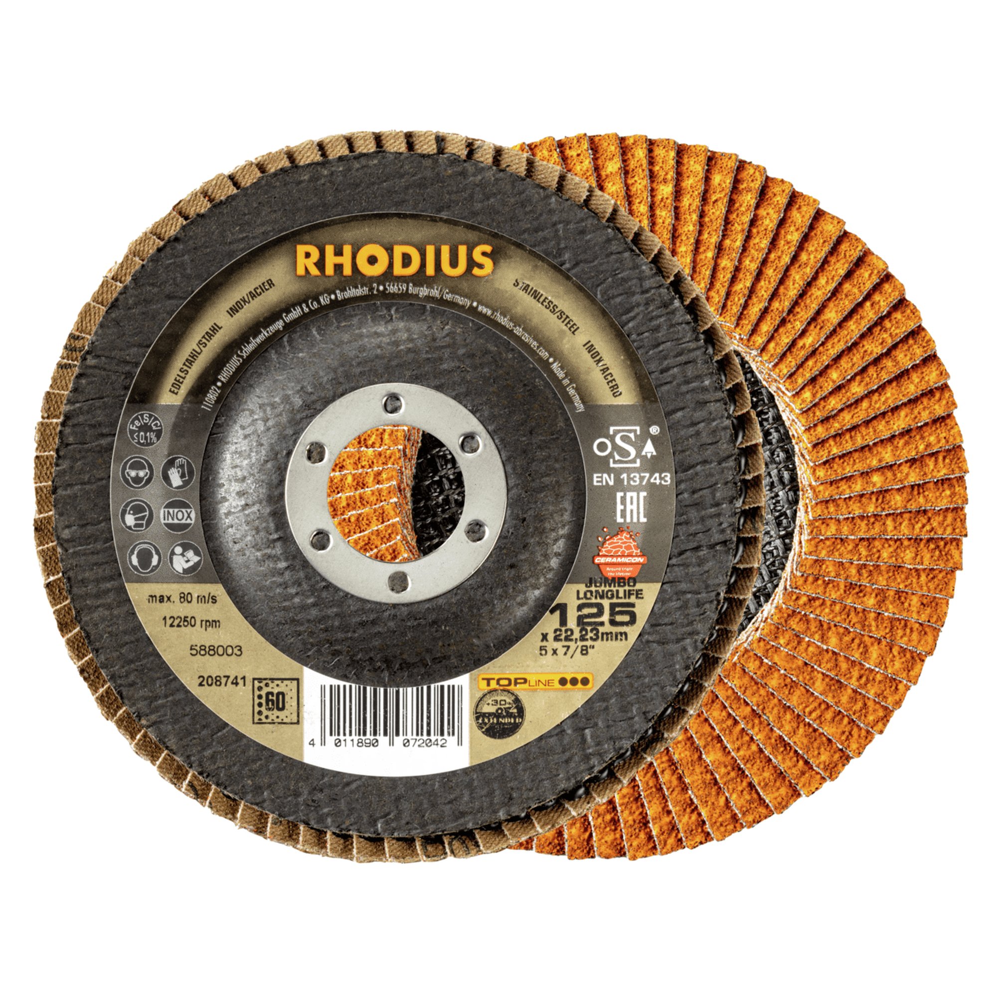 10 x RHODIUS Fächerschleifscheibe Fächerscheibe JUMBO LONGLIFE Ø 125 mm Korn 60