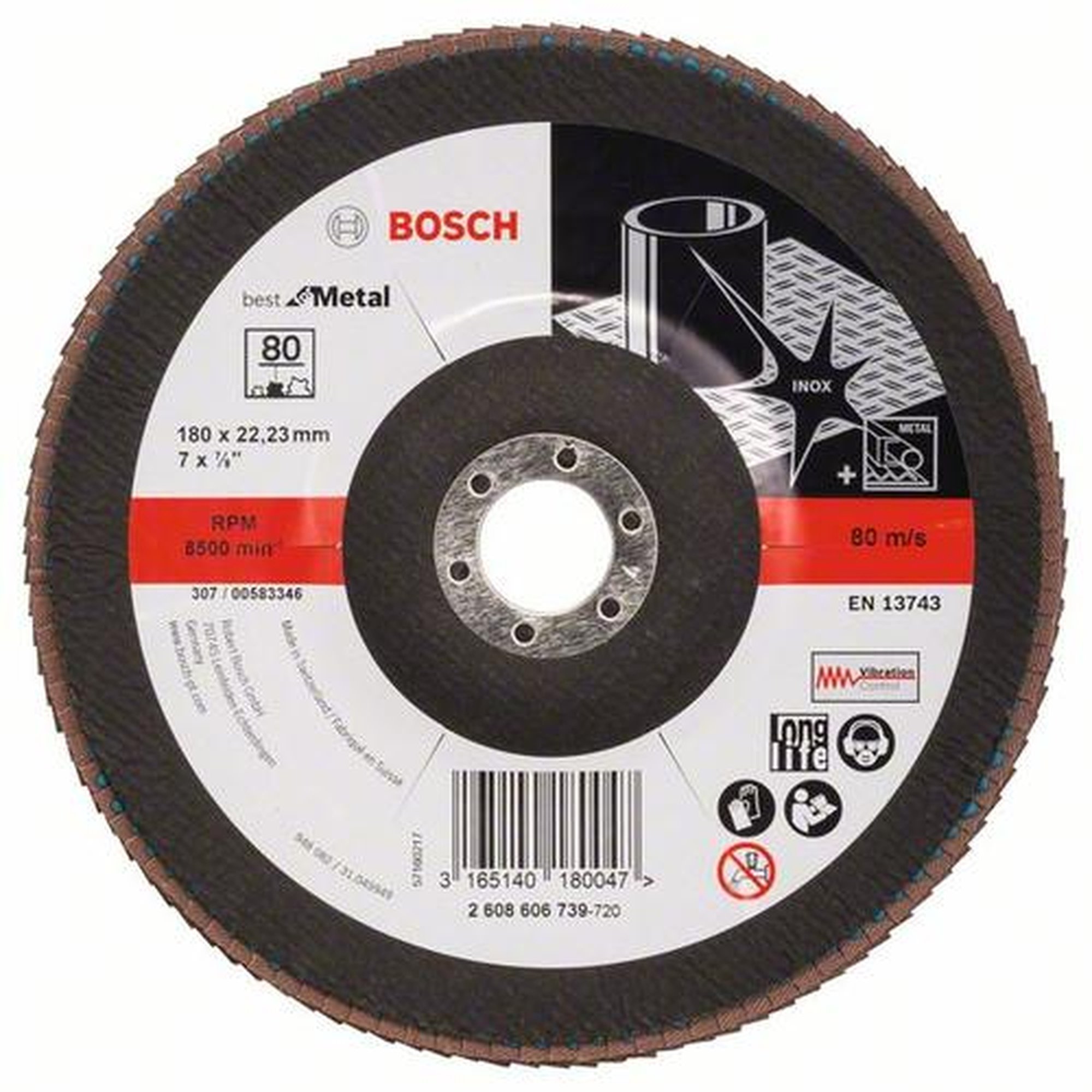 10x BOSCH Fächerschleifscheibe X571 Best für Metall, gewinkelt, Ø 180 mm, 80, Glasgewebe