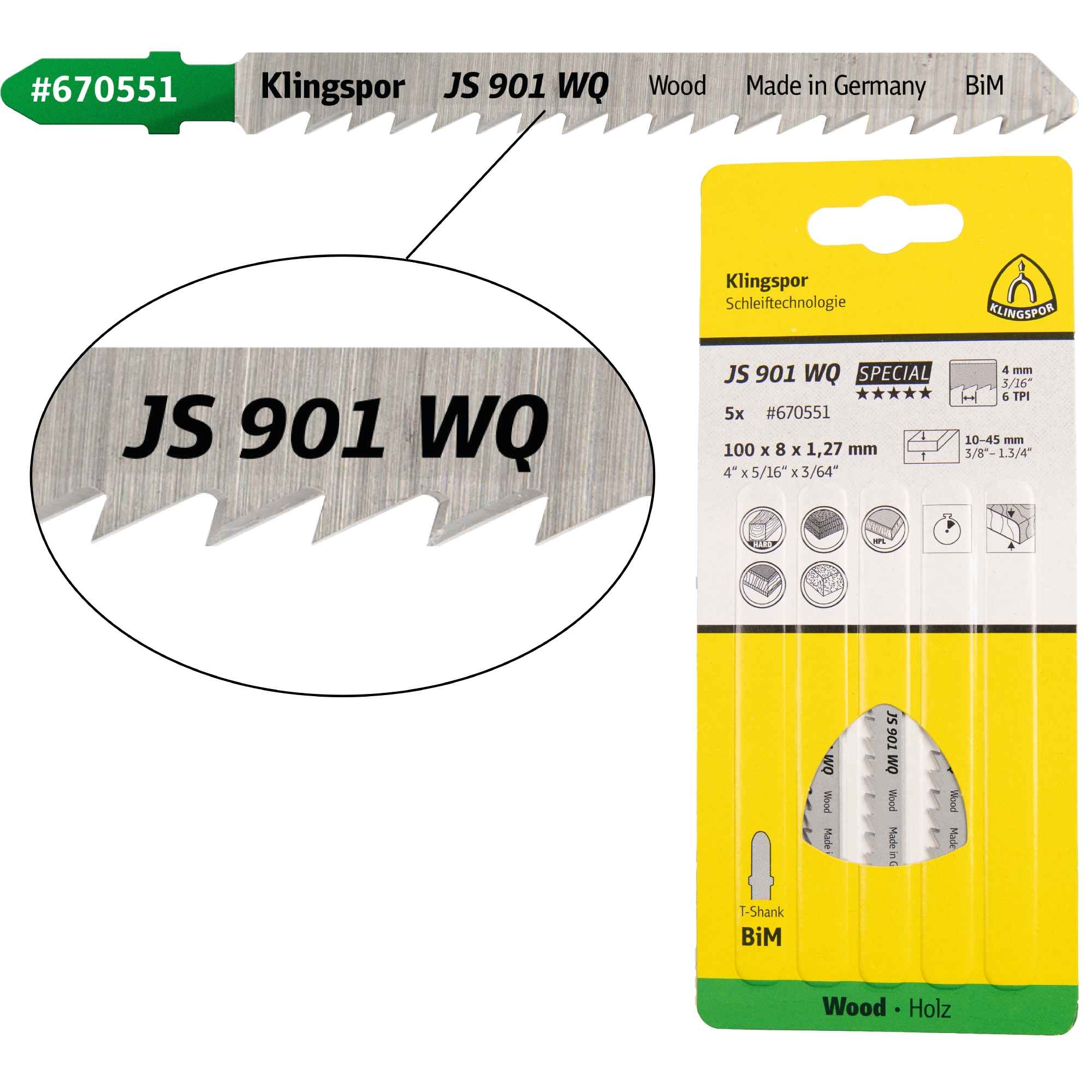 5 x Klingspor JS 901 WQ Stichsägeblätter 100 x 8 x 1,27 mm Nutzlänge 75Bi-Metall kreuzgeschliffen, konisch, 6 Zähne pro Zoll