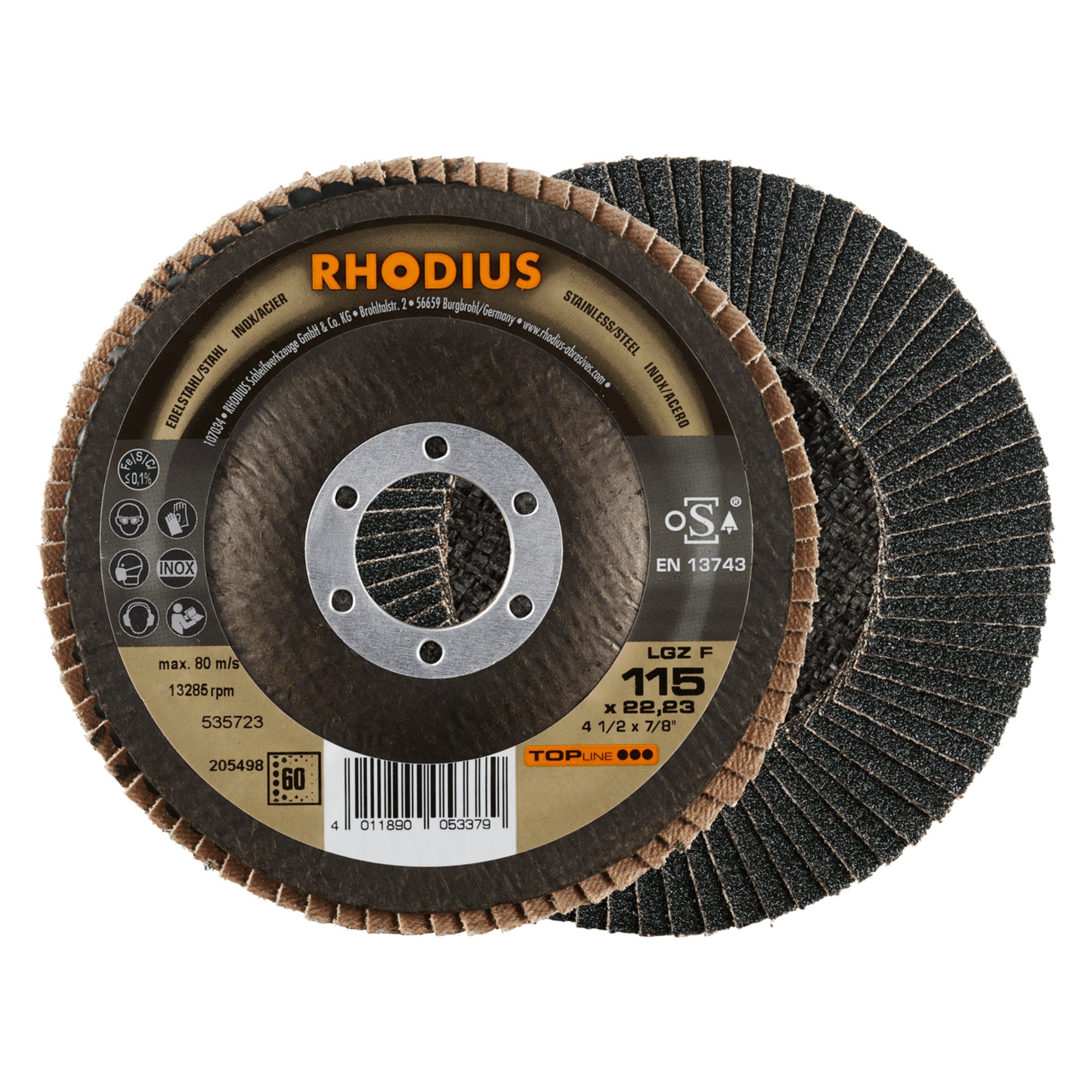 10 x RHODIUS Fächerschleifscheibe Fächerscheibe LGZ F Ø 115 mm Korn 60