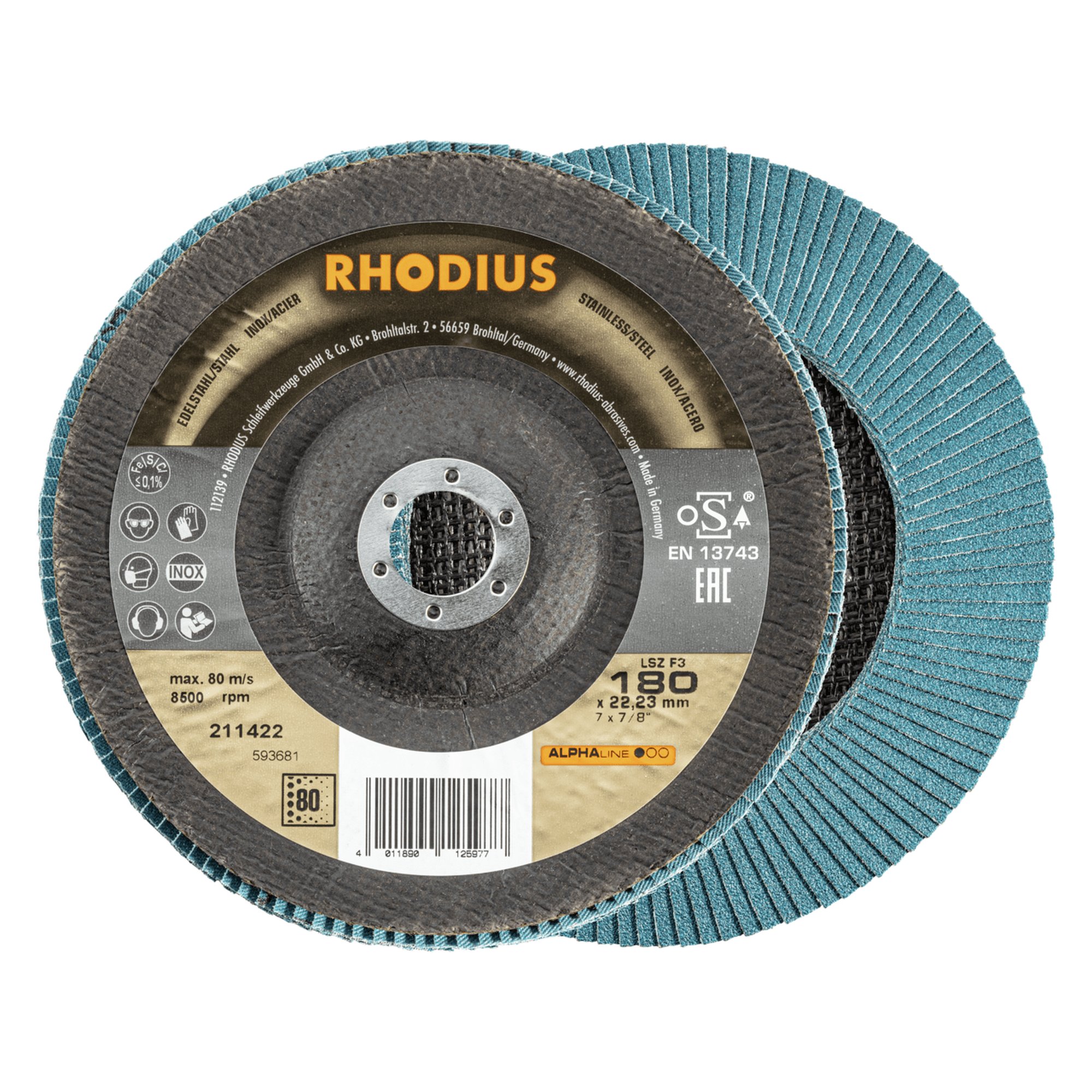 10 x RHODIUS Fächerschleifscheibe Fächerscheibe LSZ F3 Ø 180 mm Korn 80