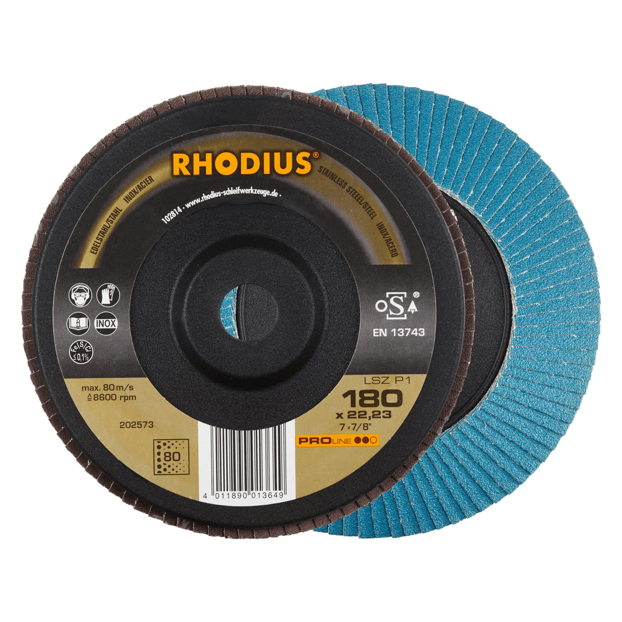 10 x RHODIUS Fächerschleifscheibe Fächerscheibe LSZ P1 Ø 180 mm Korn 80