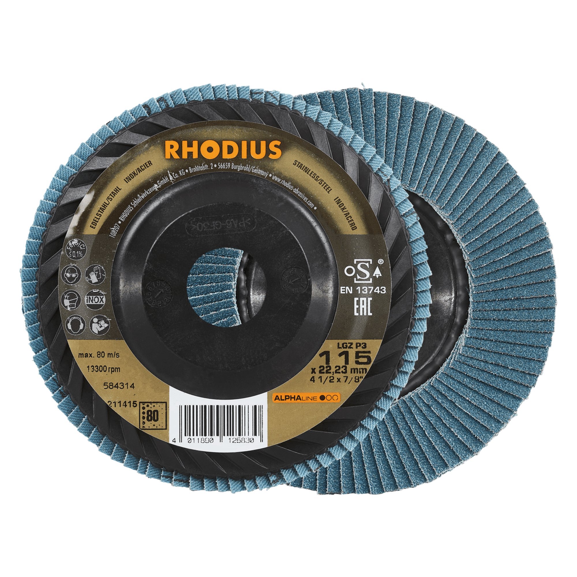 10 x RHODIUS Fächerschleifscheibe Fächerscheibe LGZ P3 Ø 115 mm Korn 80