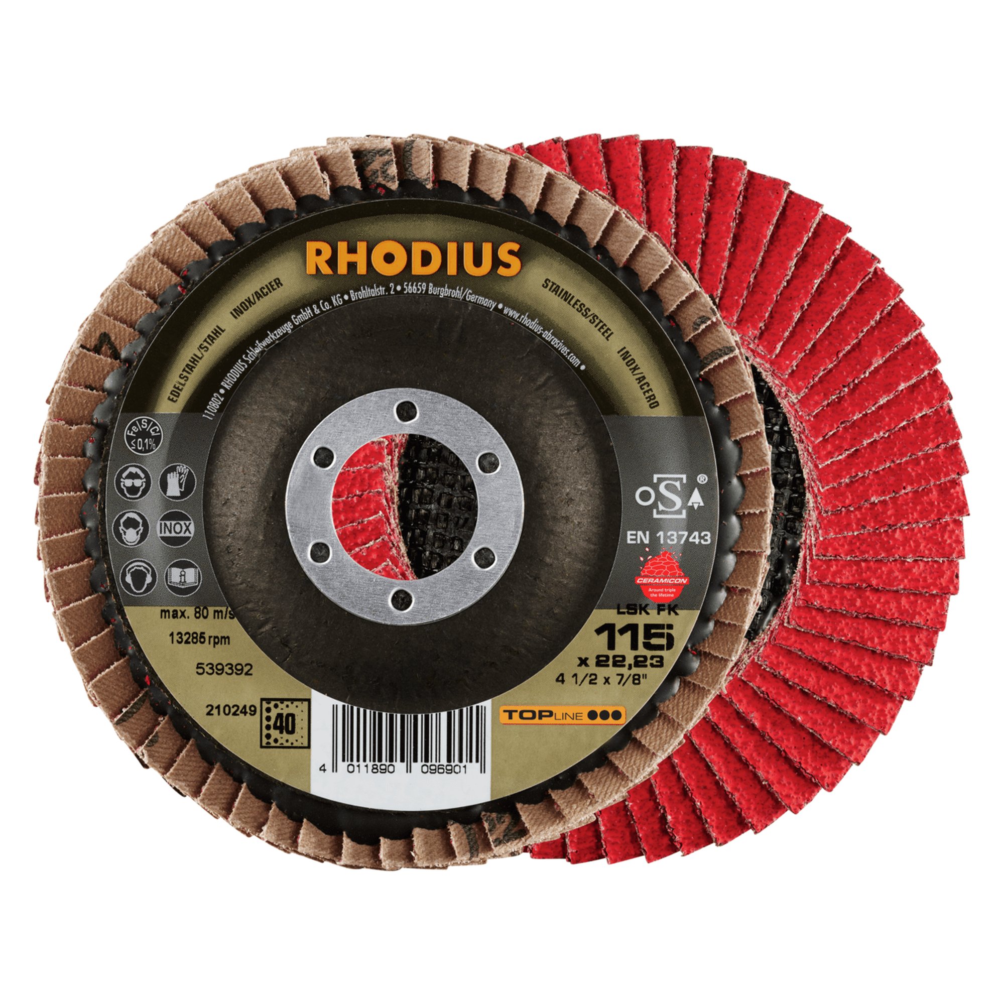 10 x RHODIUS Fächerschleifscheibe Fächerscheibe LSK FK Ø 115 mm Korn 40