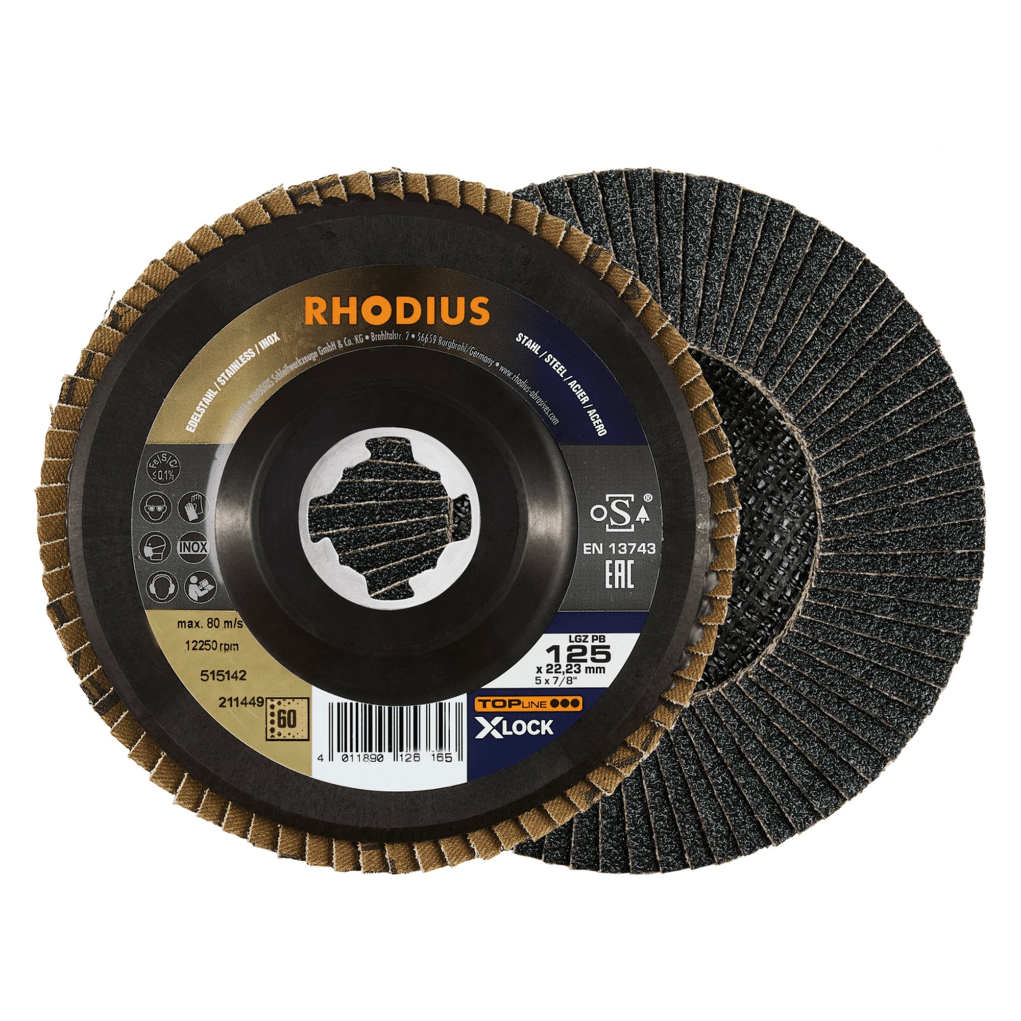 10 x RHODIUS Fächerschleifscheibe Fächerscheibe LGZ PB X-LOCK Ø 125 mm Korn 40