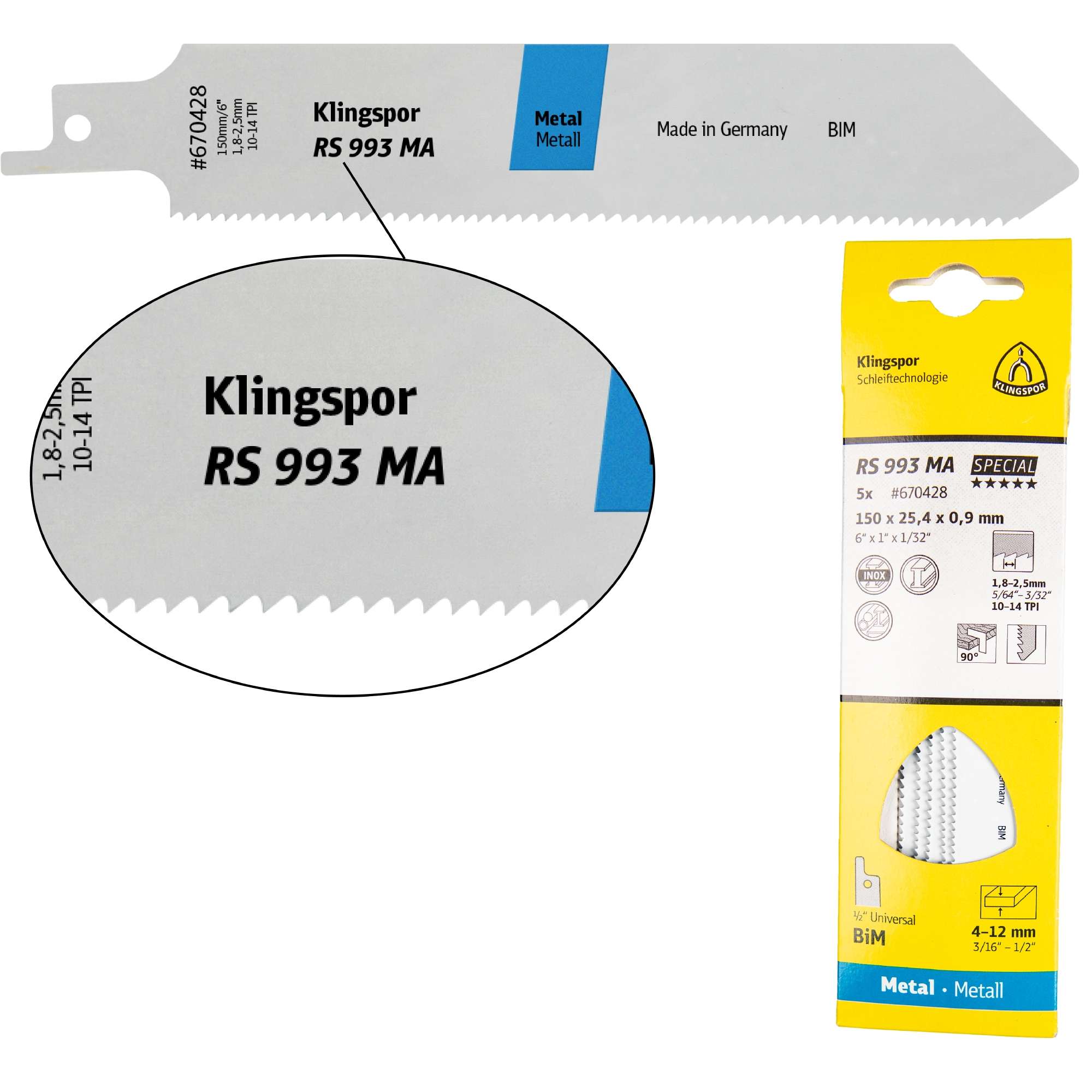5 x Klingspor RS 993 MA Säbelsägeblätter 225 x 25,4 x 0,9 mm Nutzlänge 205Bi-Metall gefräst, geschränkt, 10-14 Zähne pro Zoll