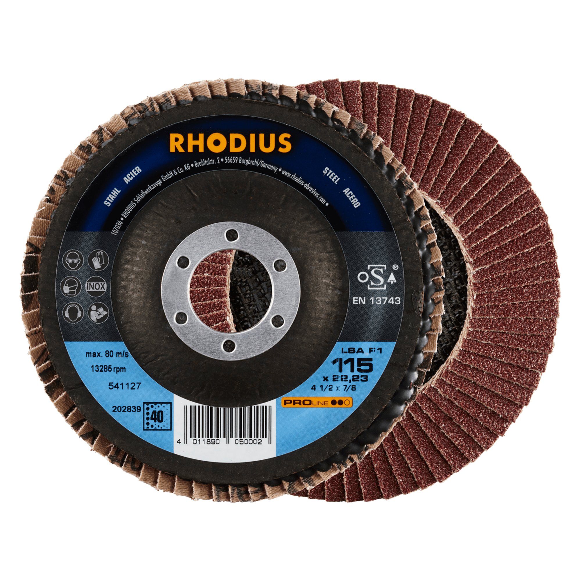 10 x RHODIUS Fächerschleifscheibe Fächerscheibe LSA F1 Ø 115 mm Korn 40