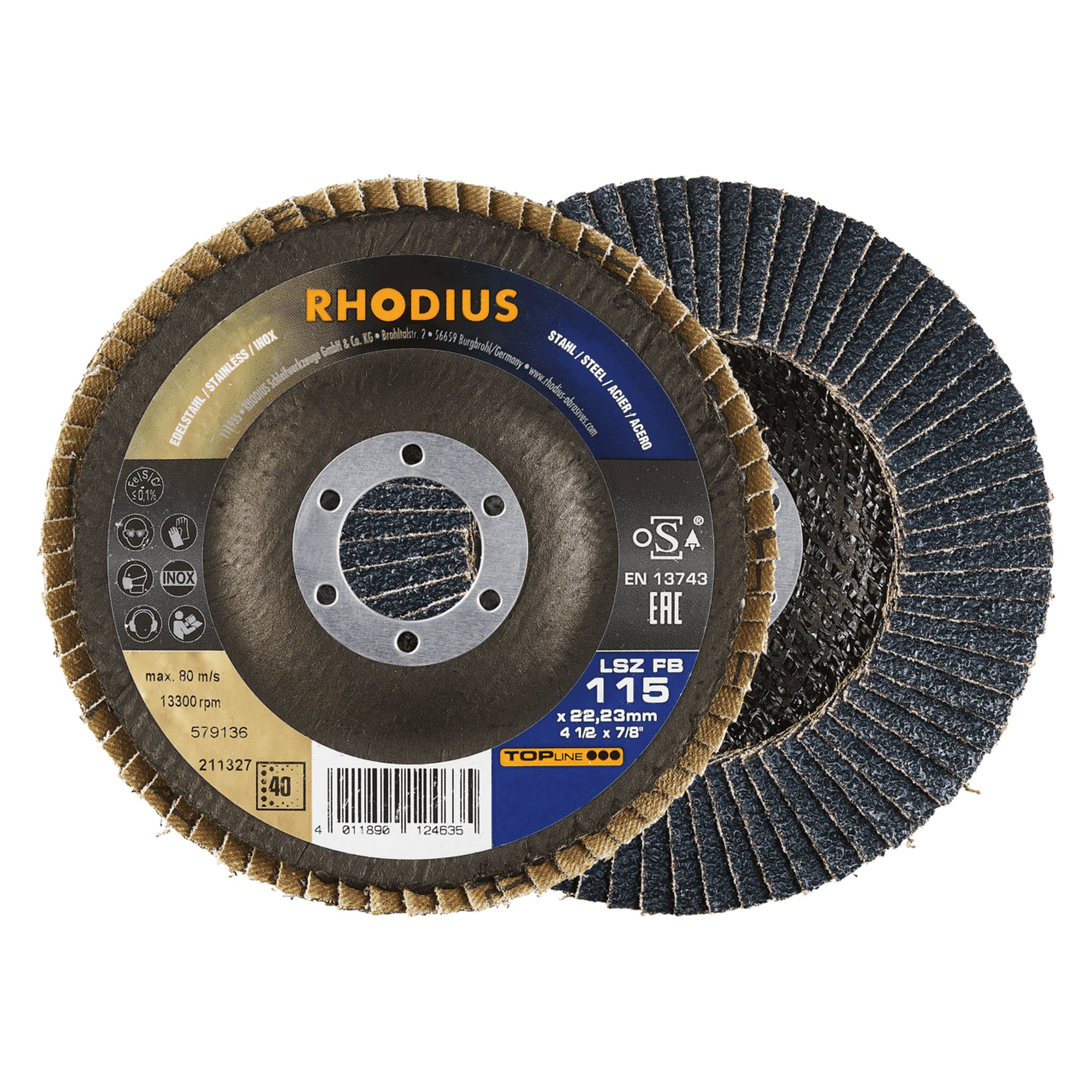 10 x RHODIUS Fächerschleifscheibe Fächerscheibe LSZ FB Ø 115 mm Korn 40