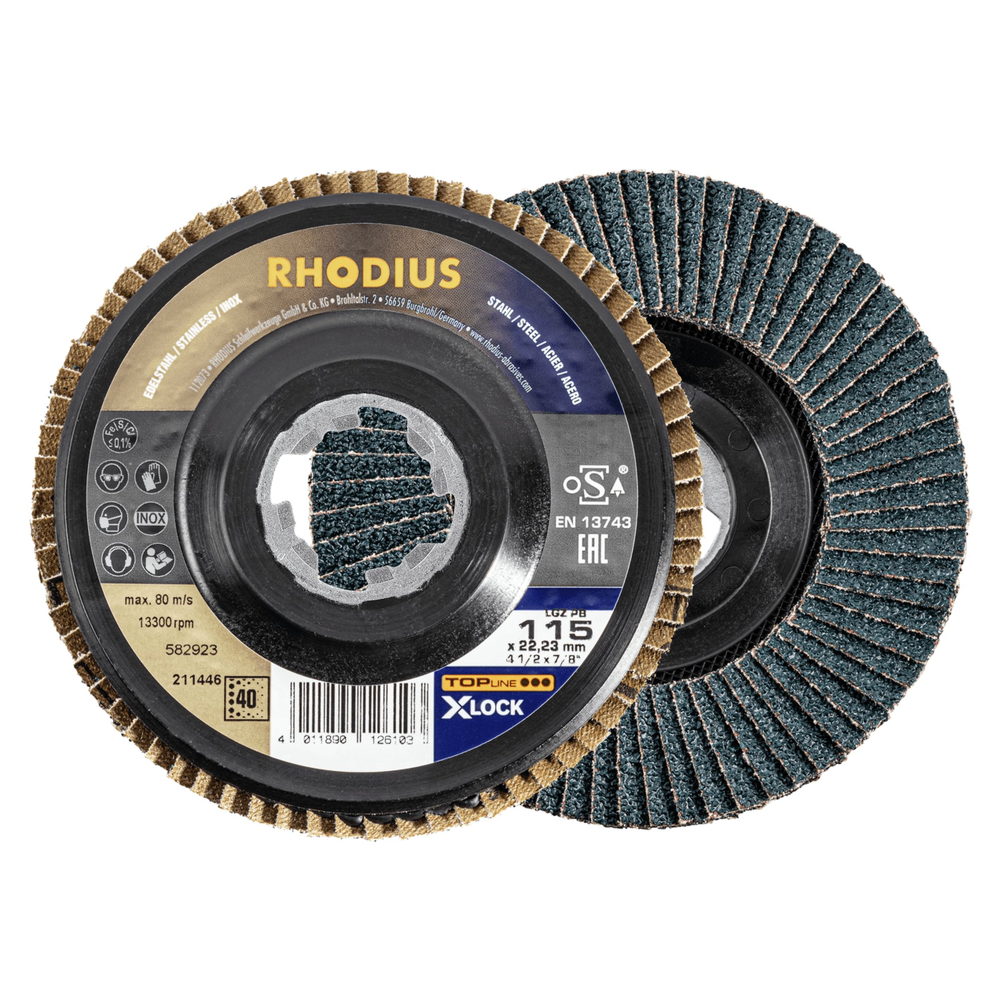 10 x RHODIUS Fächerschleifscheibe Fächerscheibe LGZ PB X-LOCK Ø 115 mm Korn 40