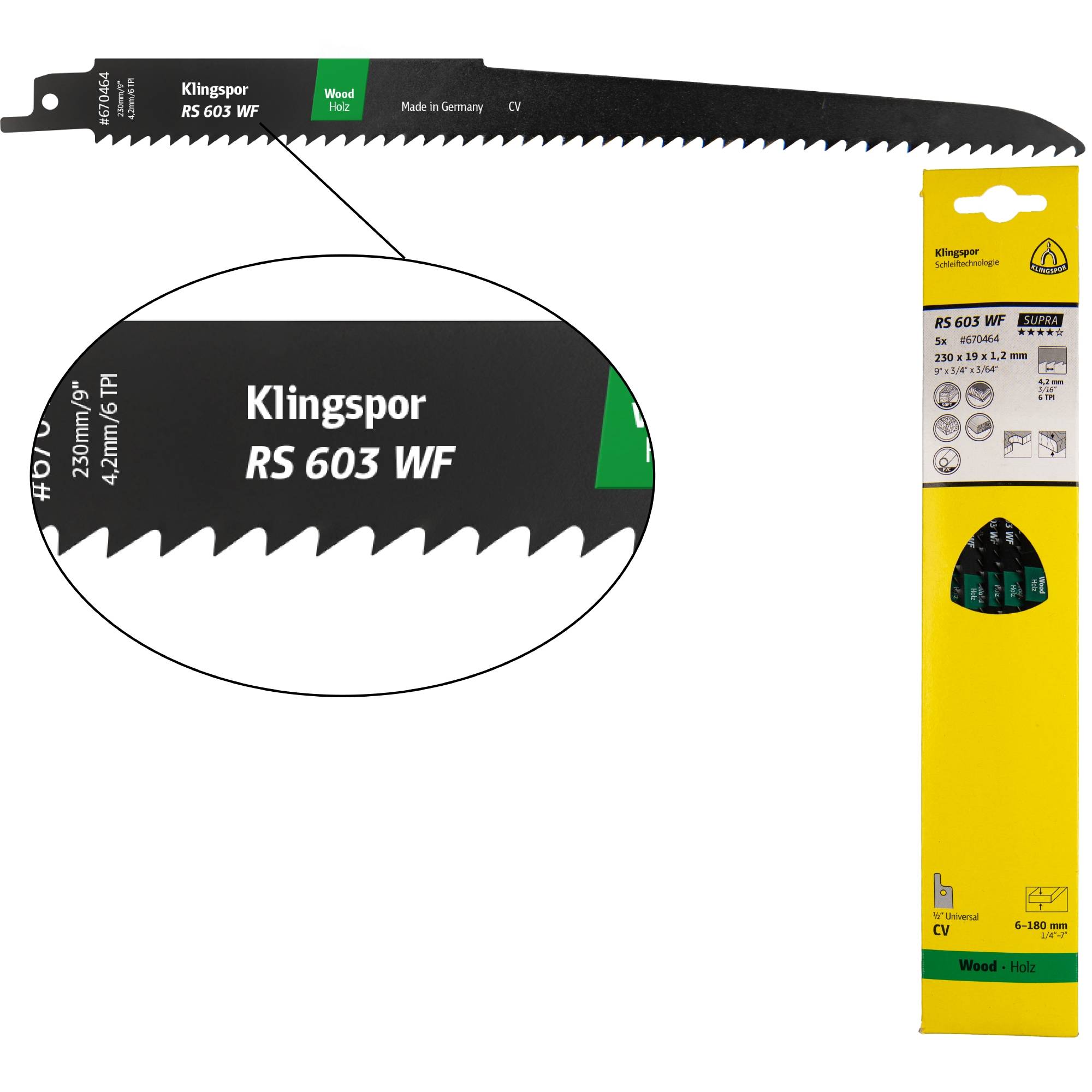 5 x Klingspor RS 603 WF Säbelsägeblätter 230 x 19 x 1,2 mm Nutzlänge 210Crom-Vanadium gefräst, geschränkt, 6 Zähne pro Zoll