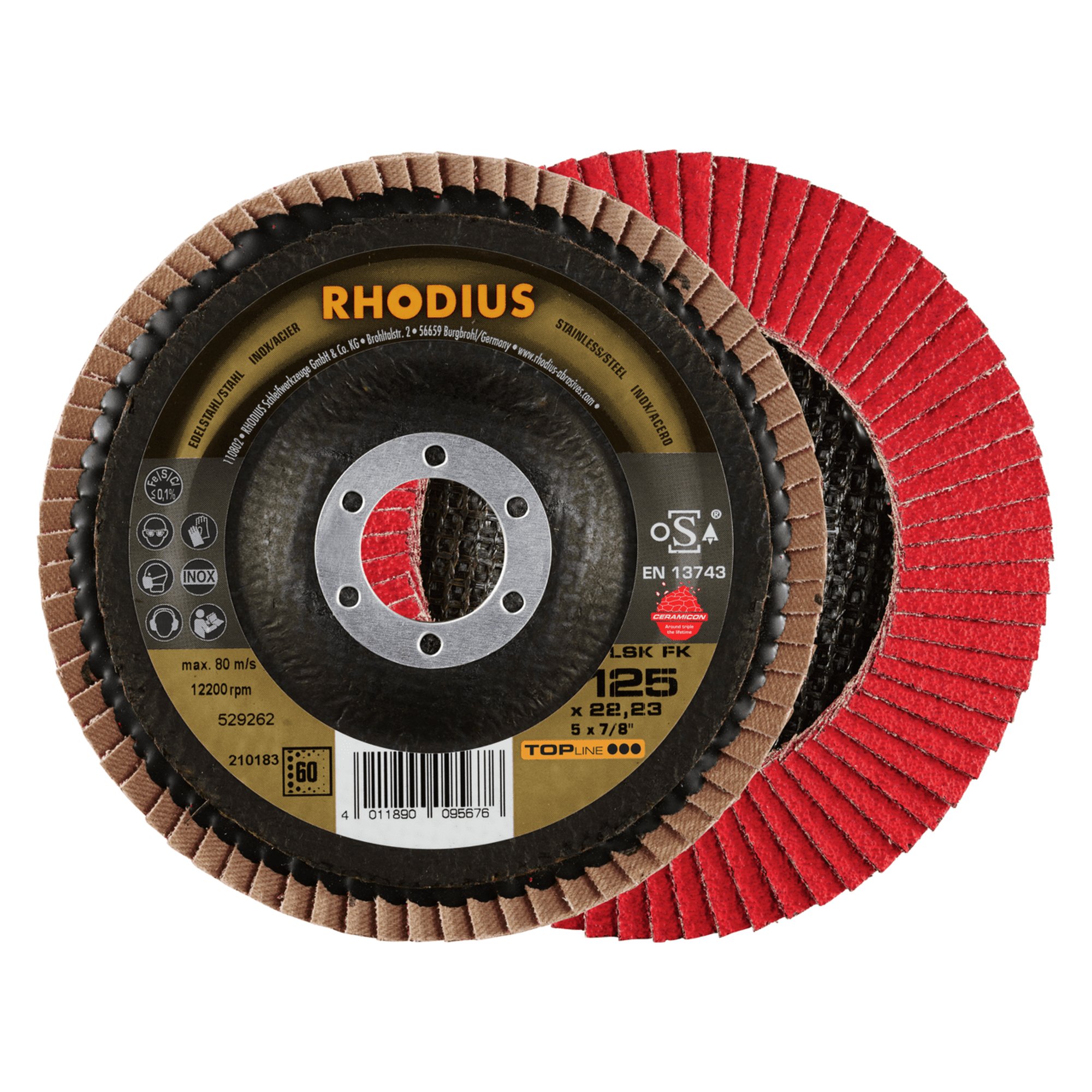 10 x RHODIUS Fächerschleifscheibe Fächerscheibe LSK FK Ø 125 mm Korn 60