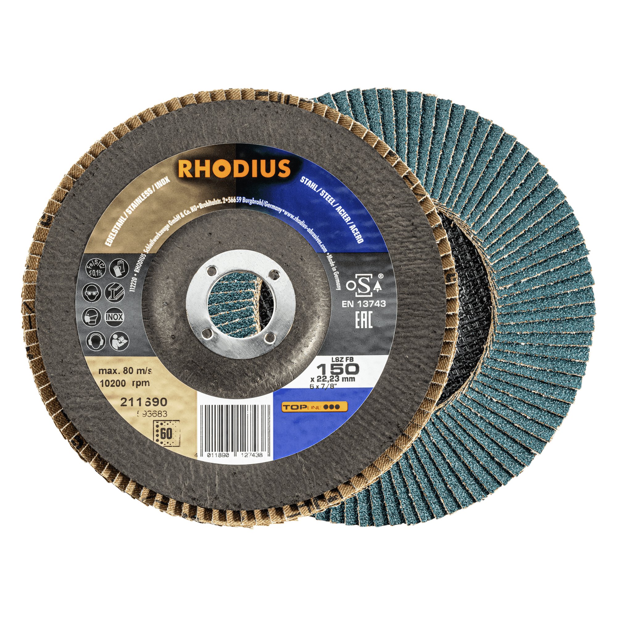 10 x RHODIUS Fächerschleifscheibe Fächerscheibe LSZ FB Ø 150 mm Korn 60