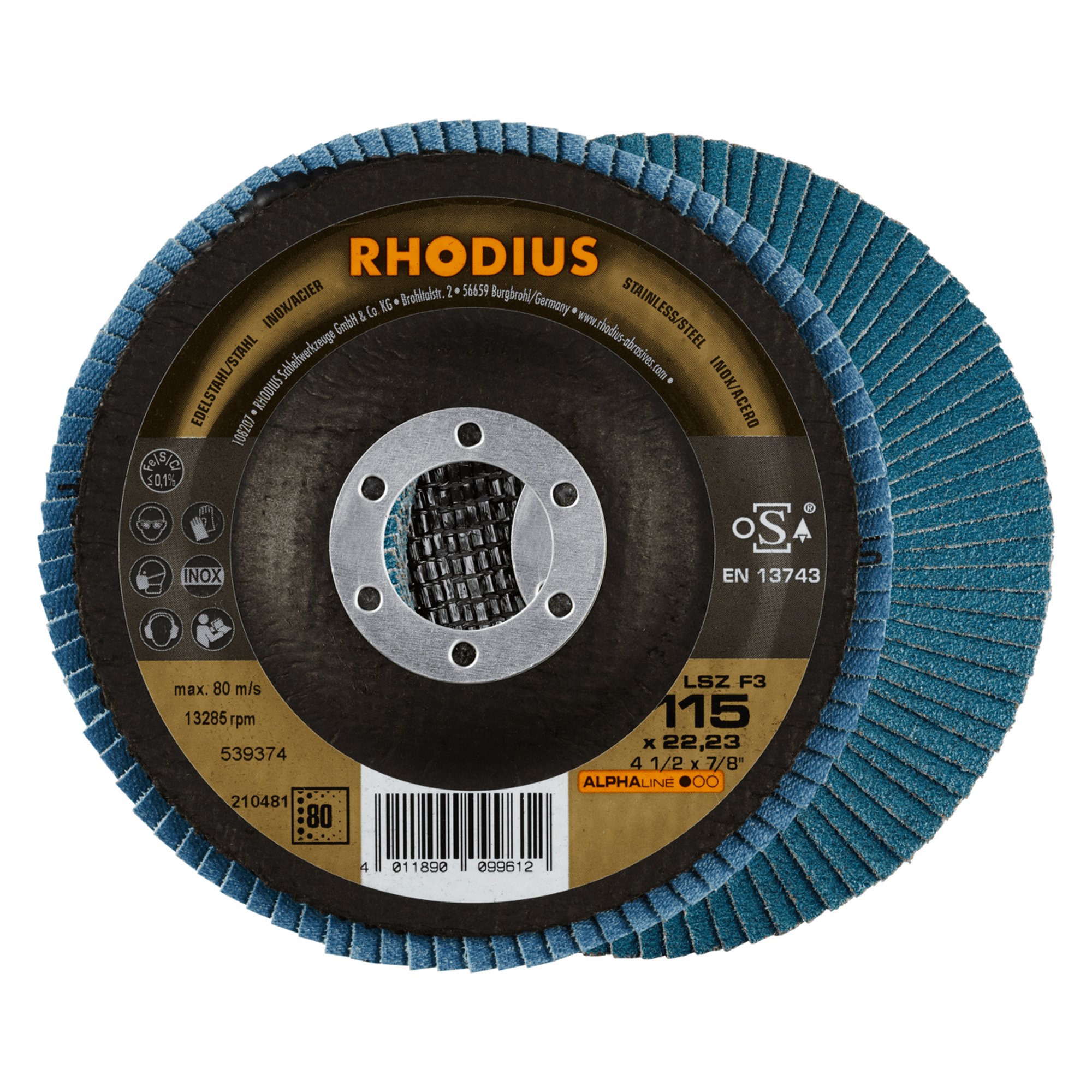 10 x RHODIUS Fächerschleifscheibe Fächerscheibe LSZ F3 Ø 115 mm Korn 80