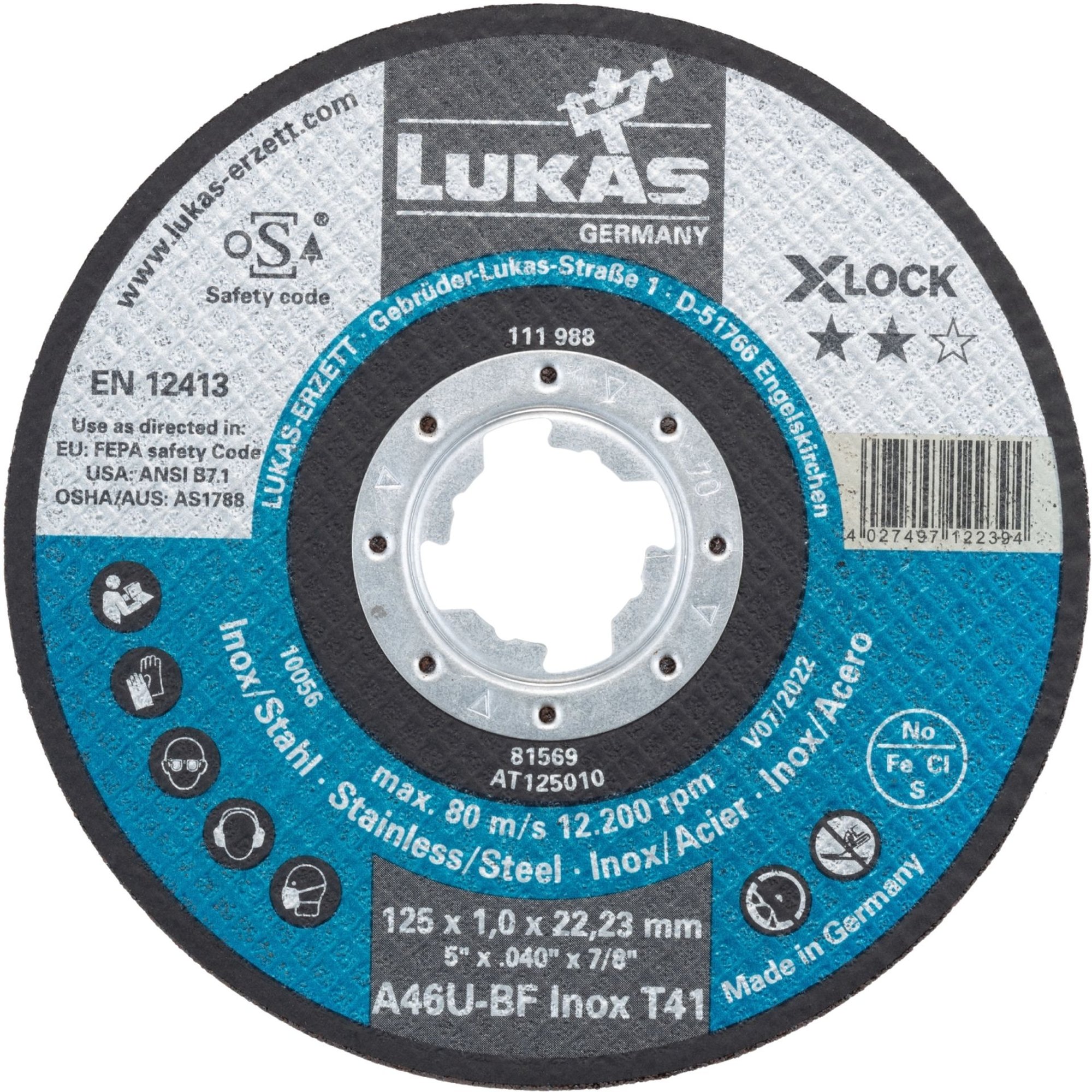 50x LUKAS Trennscheibe T41 für Edelstahl 125x1,0 mm gerade | X-LOCK | A46U-BF