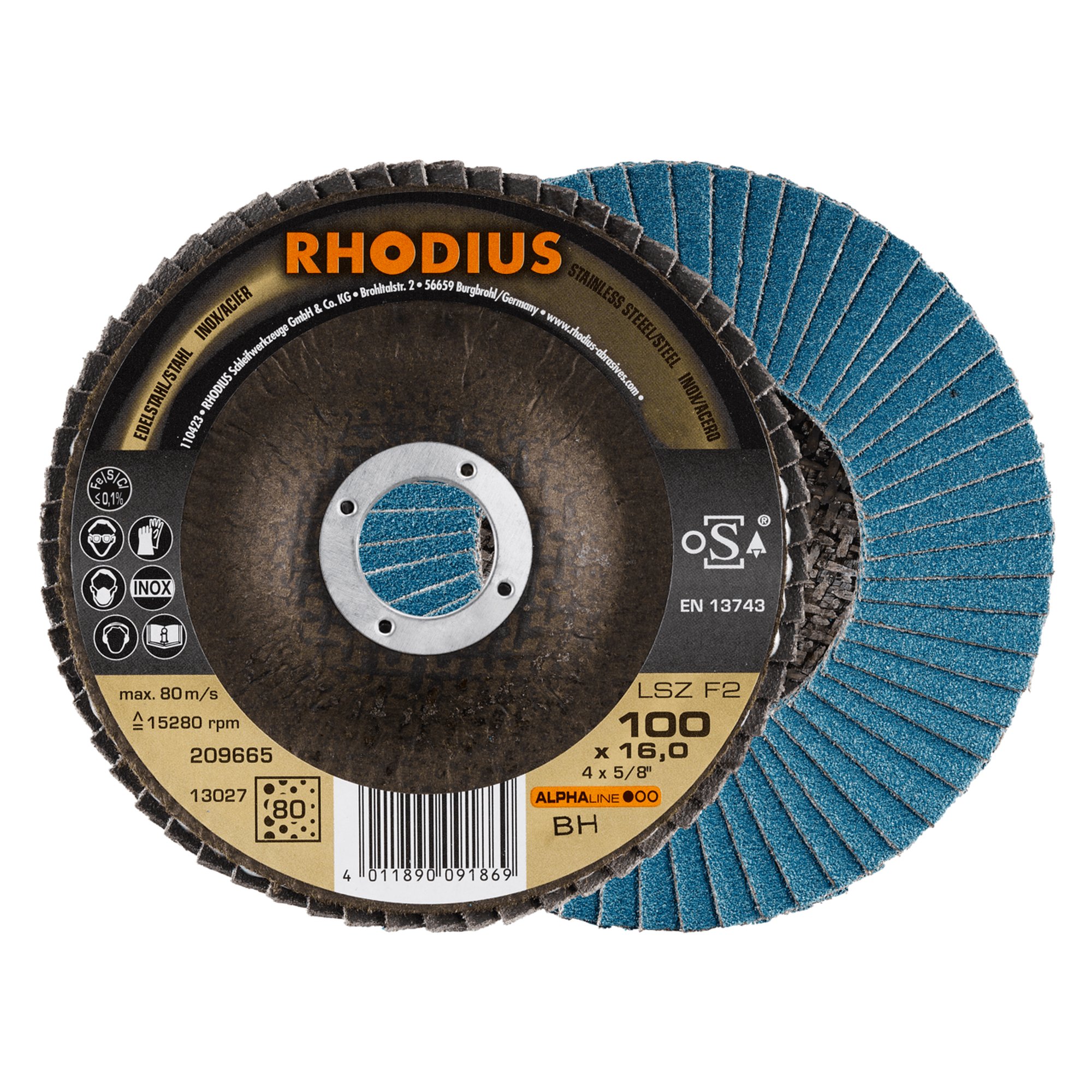 10 x RHODIUS Fächerschleifscheibe Fächerscheibe LSZ F2 Ø 100 mm Korn 80