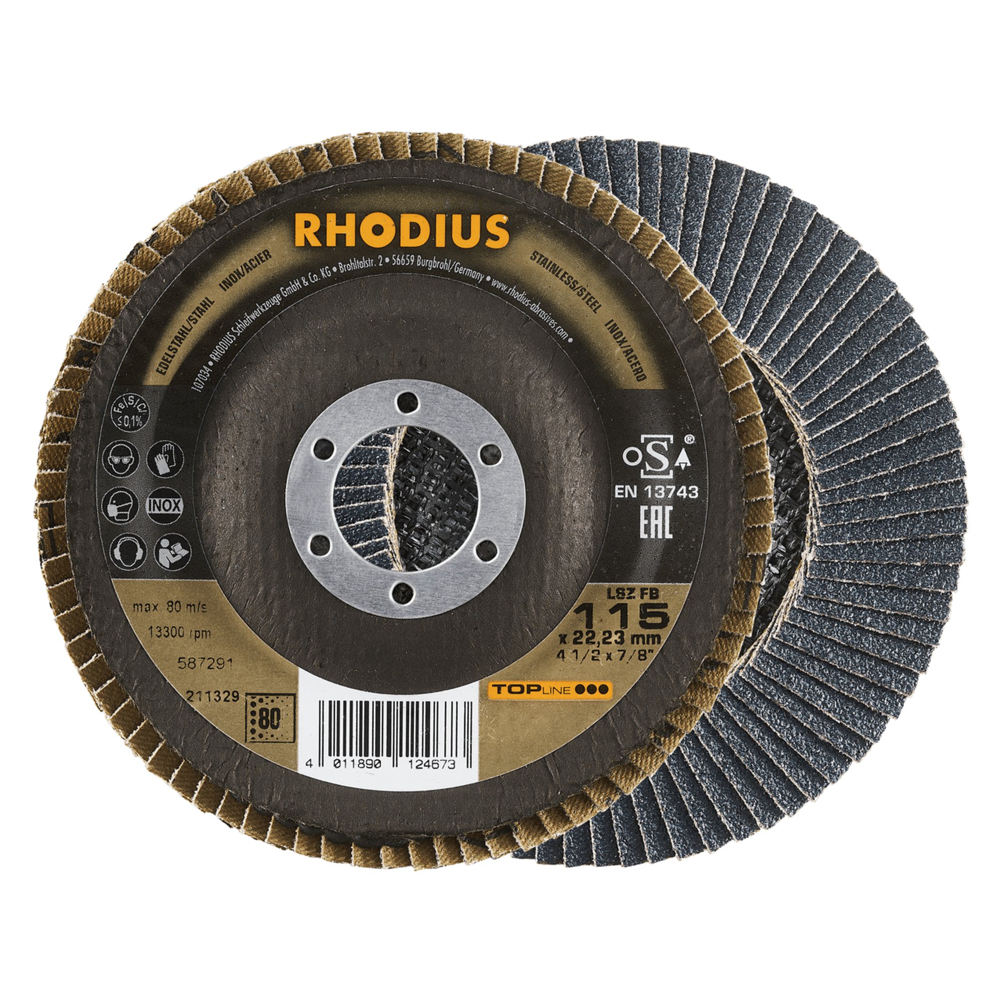 10 x RHODIUS Fächerschleifscheibe Fächerscheibe LSZ FB Ø 115 mm Korn 80