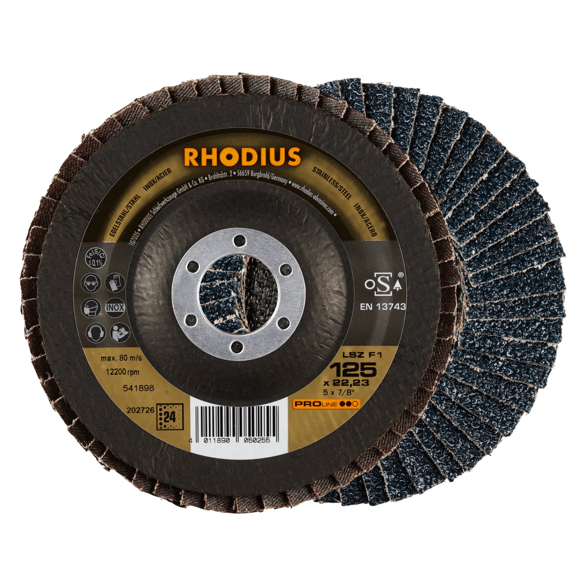 10 x RHODIUS Fächerschleifscheibe Fächerscheibe LSZ F1 Ø 125 mm Korn 24