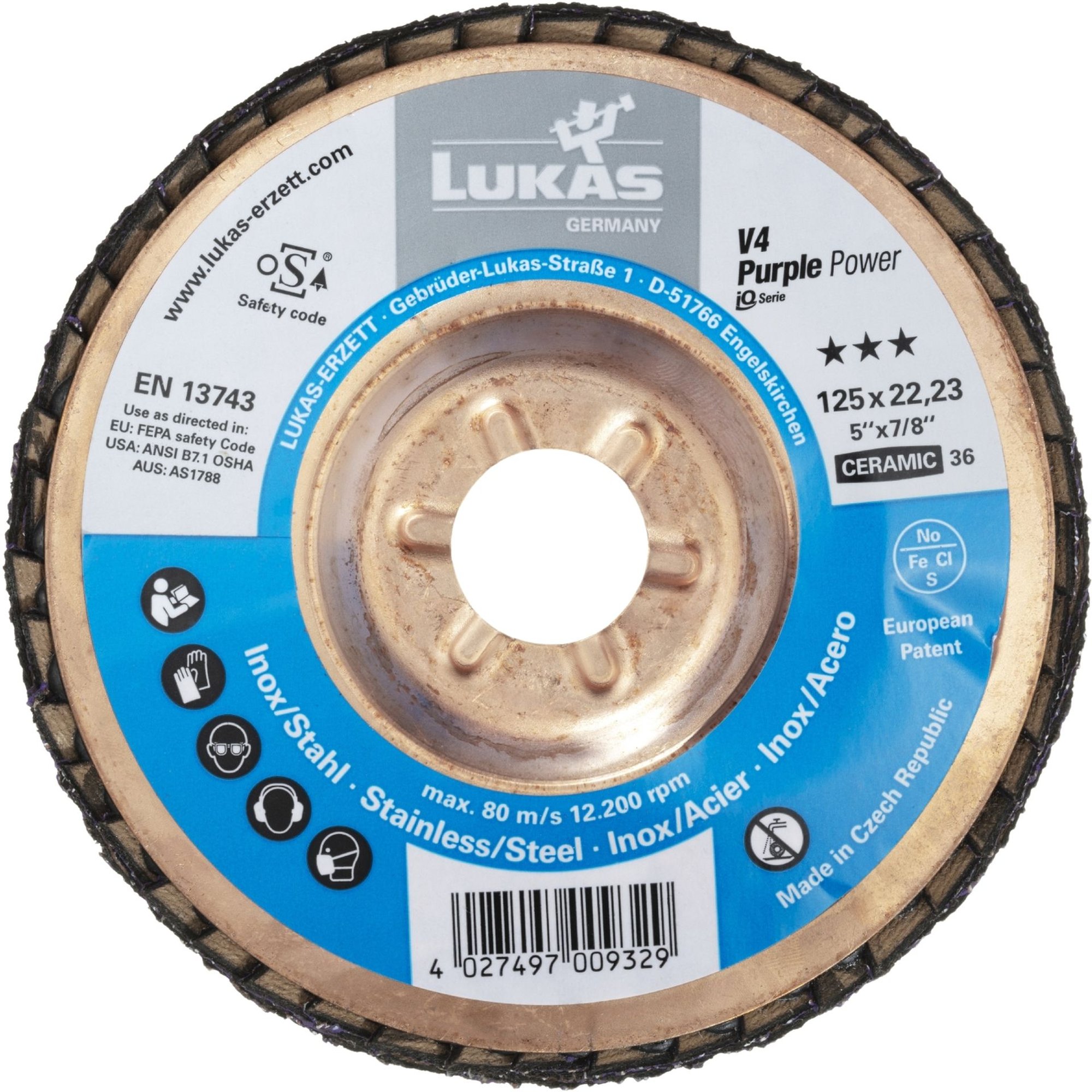 5x LUKAS Fächerscheibe Fächerscheiben Schleifscheibe V4 PURPLE Ø 125 mm Korn 36