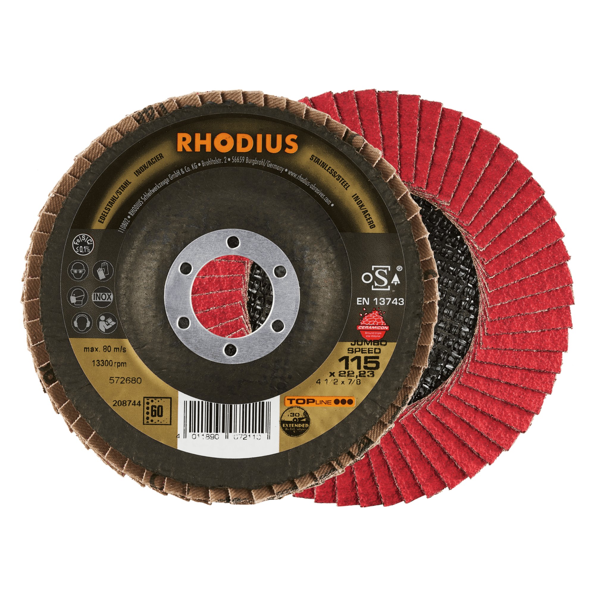 10 x RHODIUS Fächerschleifscheibe Fächerscheibe JUMBO SPEED Ø 115 mm Korn 60
