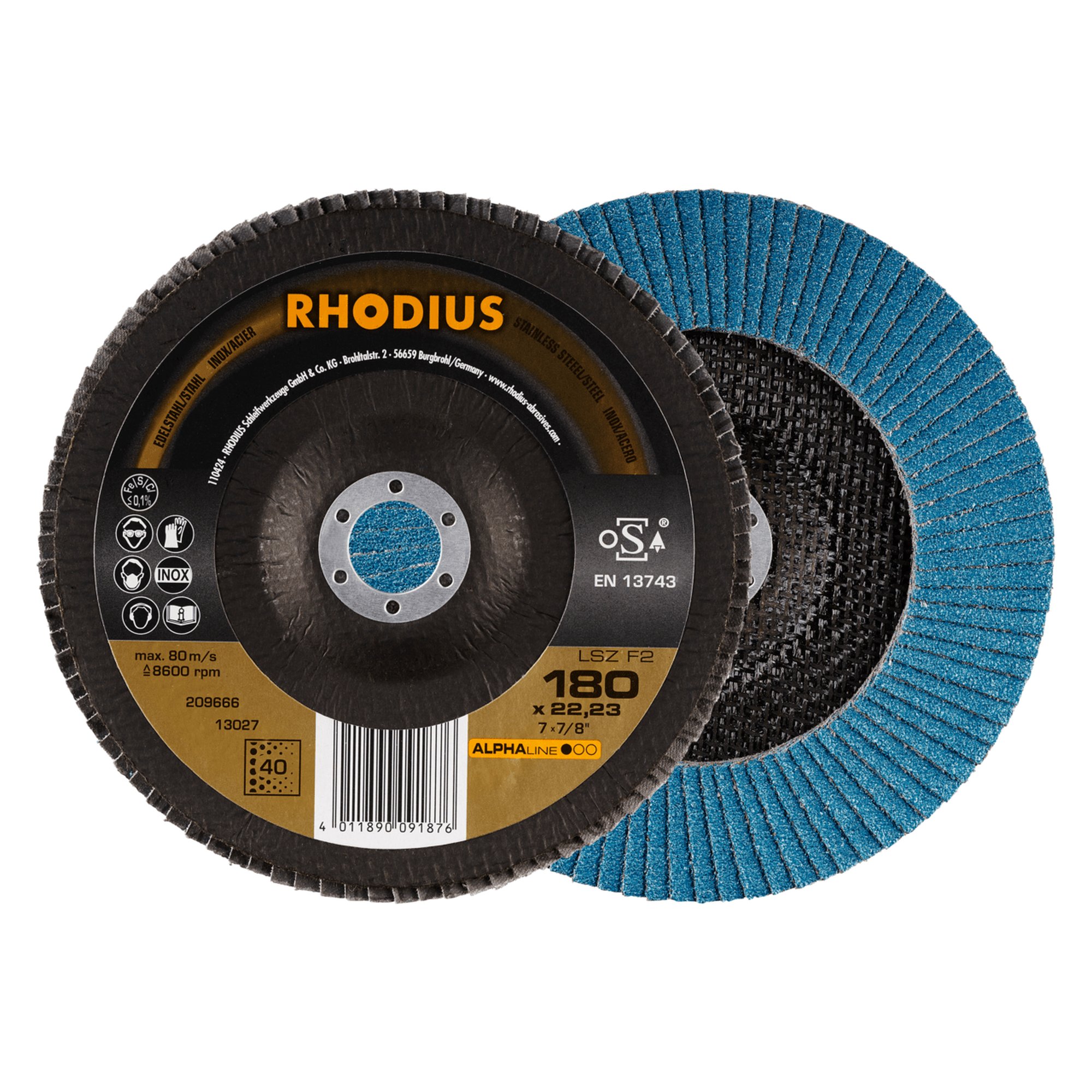 10 x RHODIUS Fächerschleifscheibe Fächerscheibe LSZ F2 Ø 180 mm Korn 40