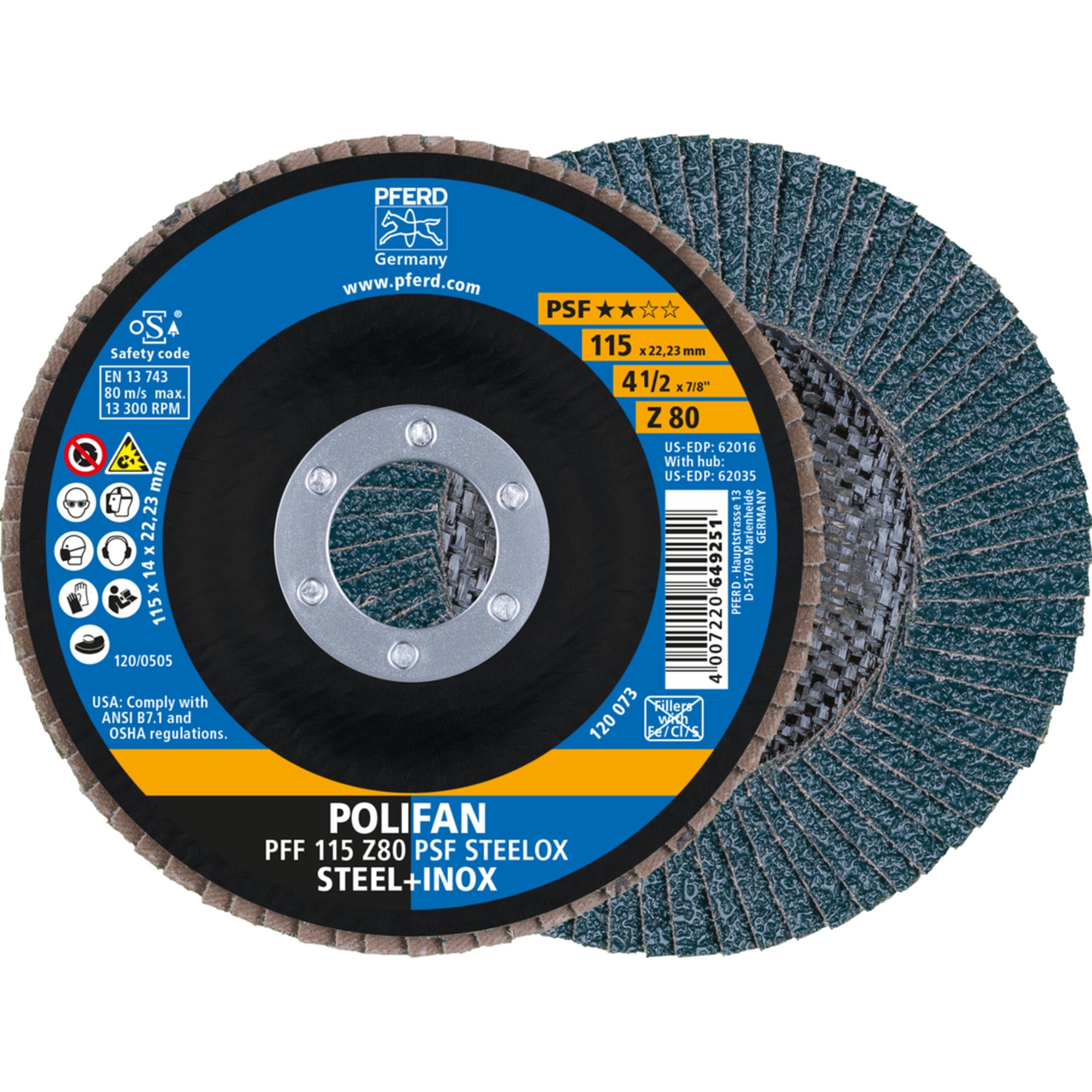 10 x PFERD POLIFAN-Fächerscheibe PFF 115 Z 80 PSF STEELOX