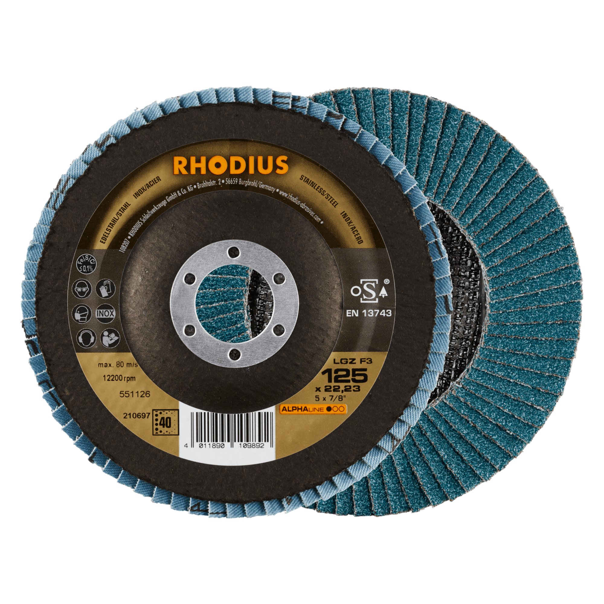 10 x RHODIUS Fächerschleifscheibe Fächerscheibe LGZ F3 Ø 115 mm Korn 40