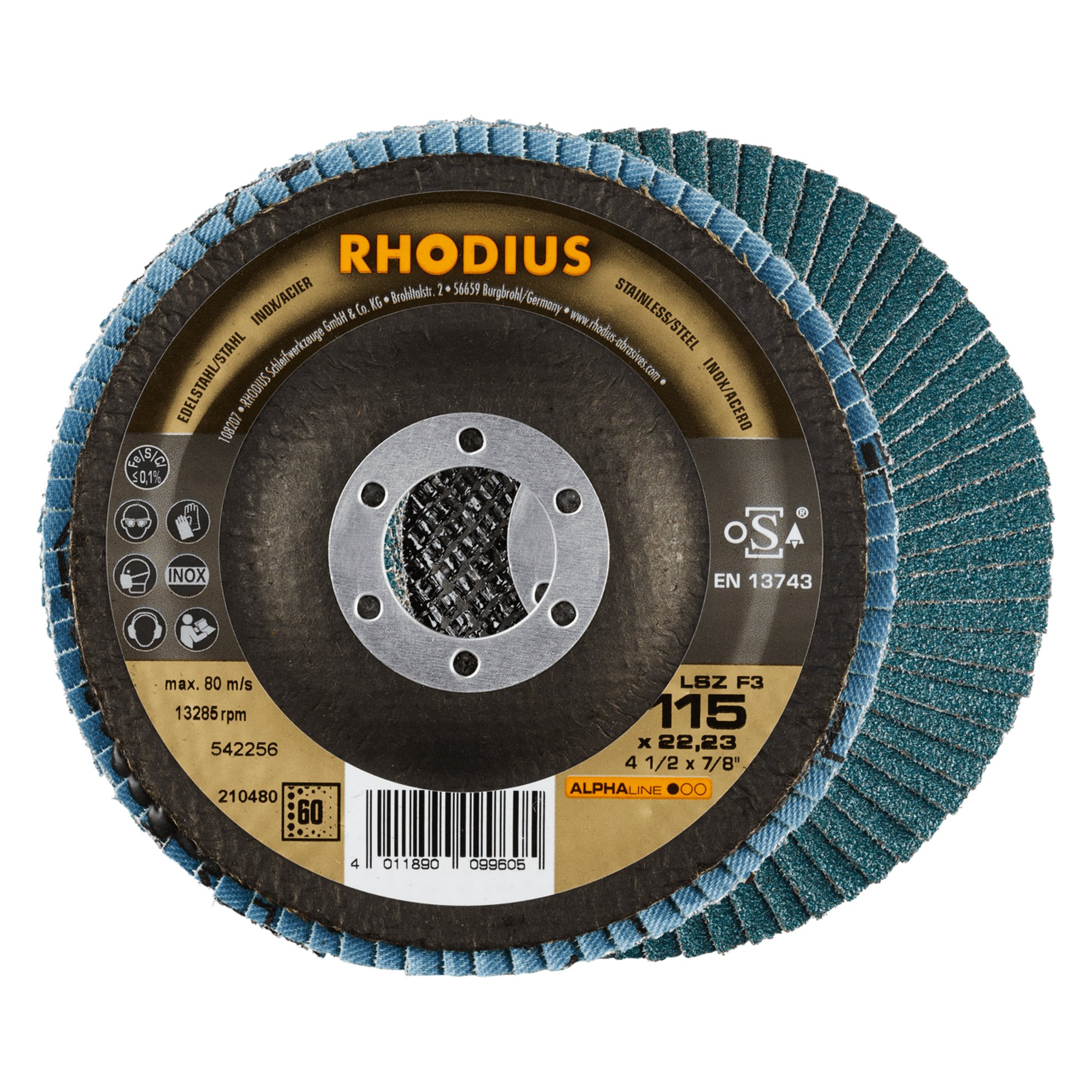 10 x RHODIUS Fächerschleifscheibe Fächerscheibe LSZ F3 Ø 115 mm Korn 60